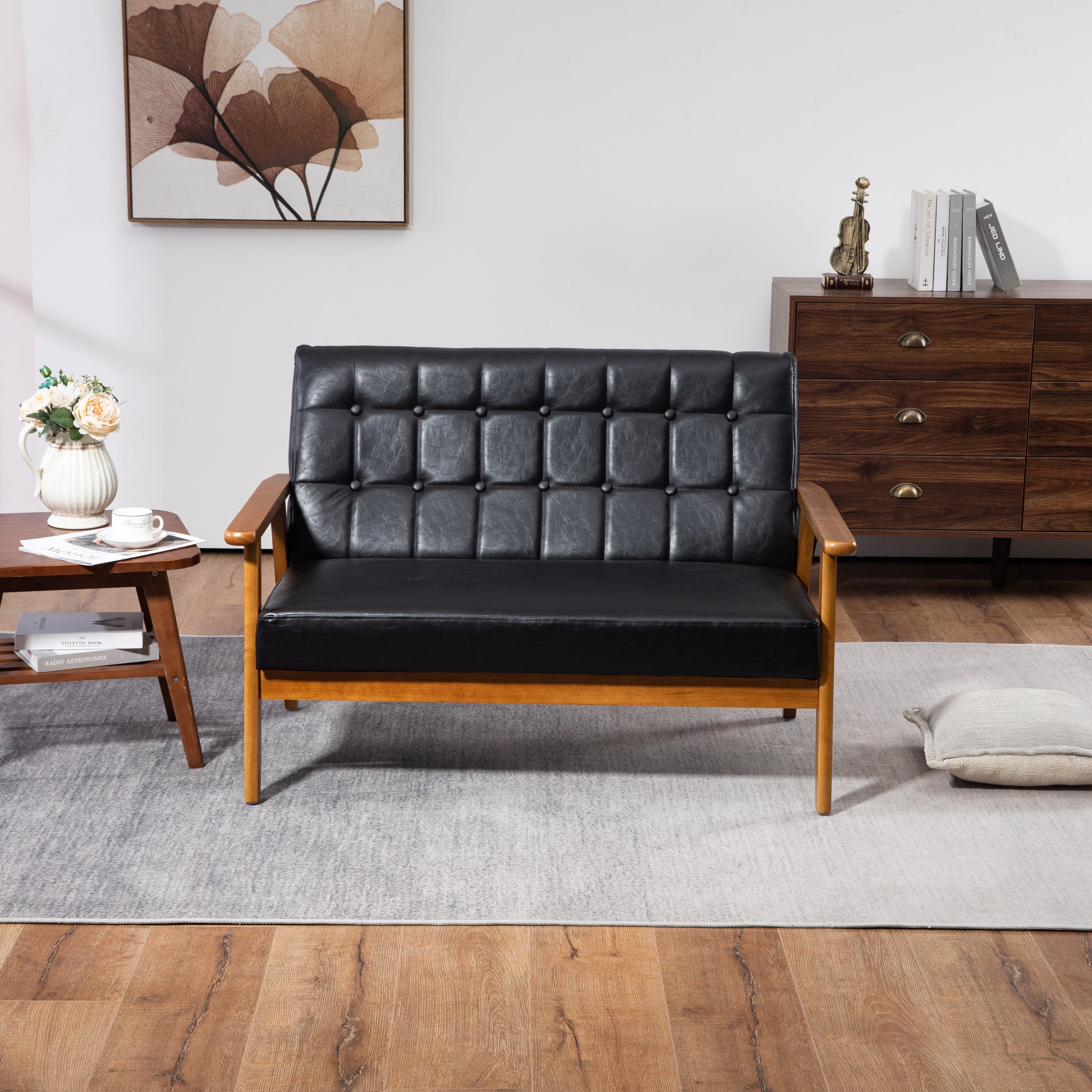 Coolmore Mid Century Modern Solid Loveseat Sofa Upholstered Pu Leather Loveseat, 2 Seat Upholstered Loveseat Sofa Modern Couch Black Pu Pu Leather 2 Seat