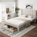 Queen Size Upholstered Platform Bed With A Big Drawer, Beige Box Spring Not Required Queen Beige Wood Bedroom Bed Frame Polyester Upholstered