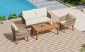 4 Piece Patio Conversation Set, Solid Wood Loveseat, 2 Chairs And Table, Outdoor Conversation Group With Cushions For Backyard, Poolside, Garden Beige Cushion Natural Rope Beige Natural Woven Rope
