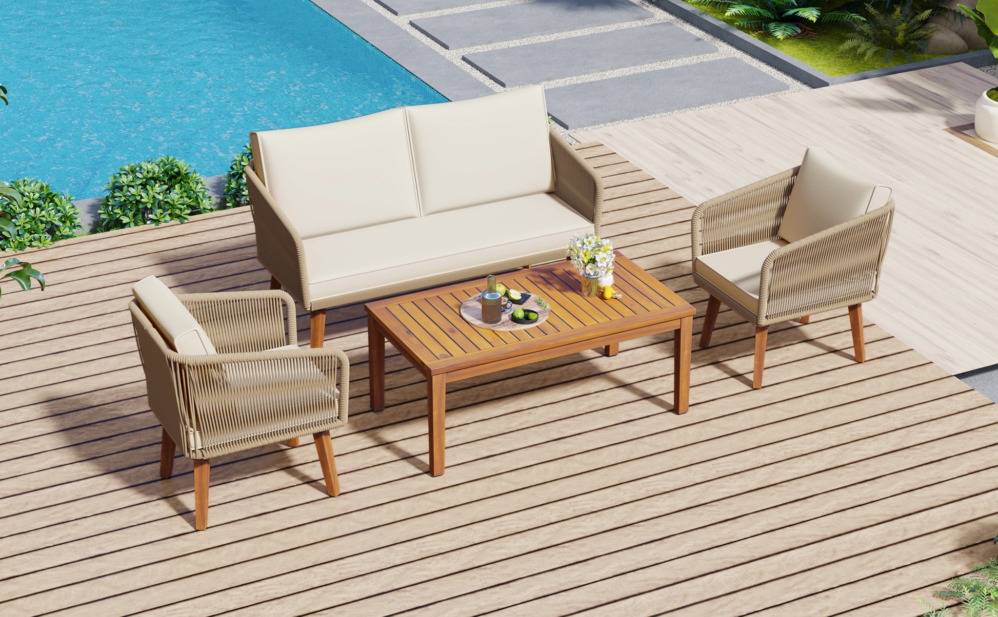 4 Piece Patio Conversation Set, Solid Wood Loveseat, 2 Chairs And Table, Outdoor Conversation Group With Cushions For Backyard, Poolside, Garden Beige Cushion Natural Rope Beige Natural Woven Rope