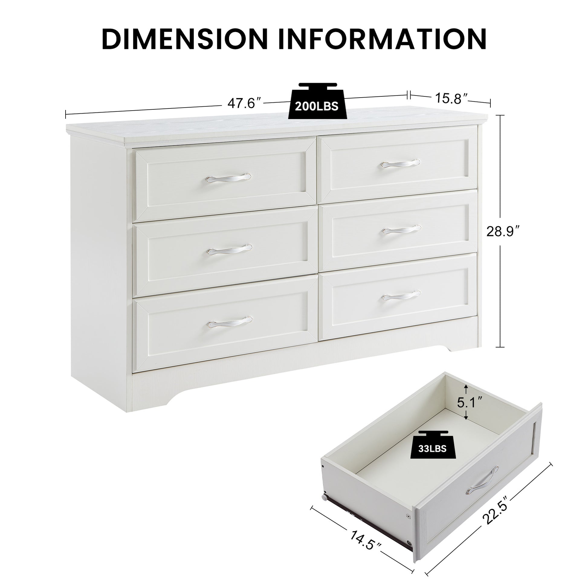 Modern 3 Drawer Bedroom Chest Of Drawers With 6 Drawers Dresser, Clothes Organizer Metal Pulls For Living Room, Bedroom, Hallway, White,47.6 L X 15.7 W X 28.9 H White Particle Board Mdf