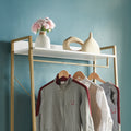 White Clothes Rack With Metal Frame And Open Shelves In White And Gold White Gold Mdf