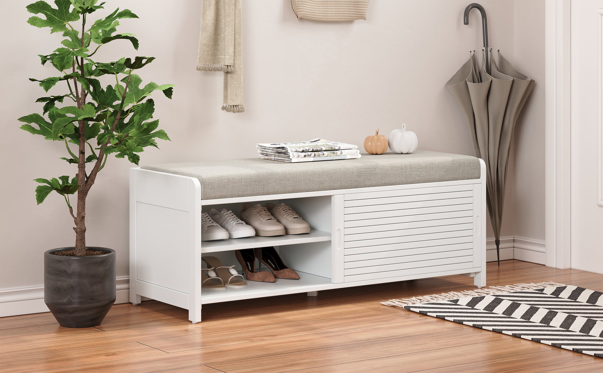 Distressed Shutter Storage Bench With Acacia Veneer For Retro Charm For Living Room, Entryway White White Mdf