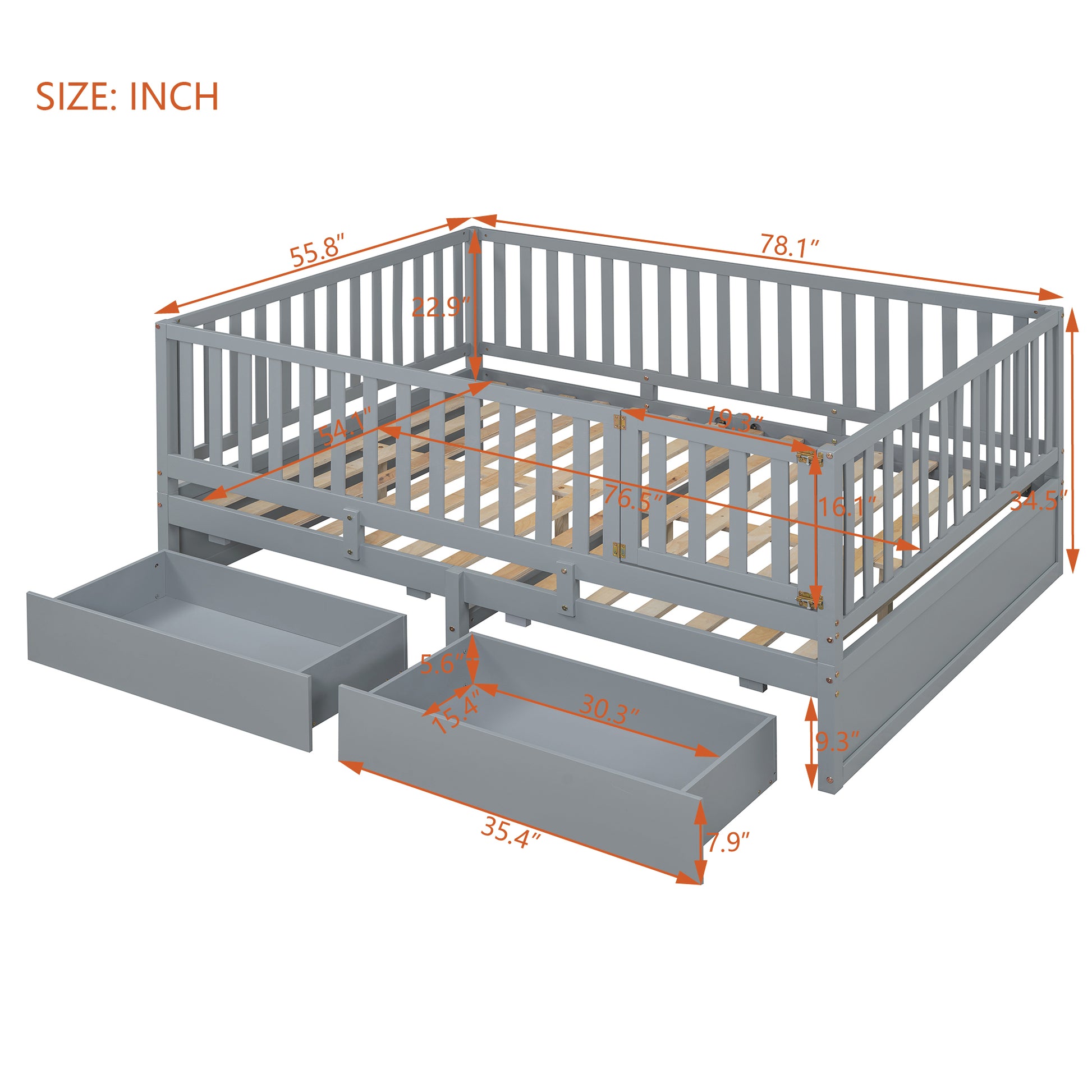 Full Size Wood Daybed With Fence Guardrails And 2 Drawers, Split Into Independent Floor Bed & Daybed, Gray Old Sku :Lp000882Aae Full Gray Solid Wood Mdf
