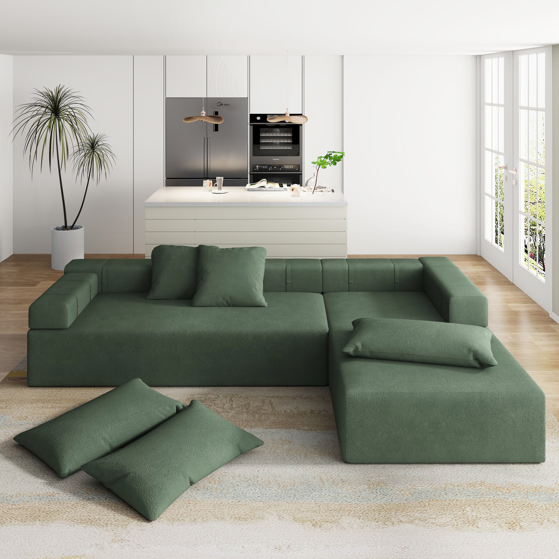 Modern Upholstered Sectional Sofa Couch Set,Modular 108" L Shaped Sectional Living Room Sofa Set With 6 Pillows,Free Combination Sofa Couch For Living Room,Bedroom Green Foam Chenille 3 Seat