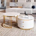 Modern 2 Pieces White Round Nesting Coffee Table With Drawers In 27.6'' Gold White Drawers Coffee & End Tables Glossy Round Metal Mdf Pedestal