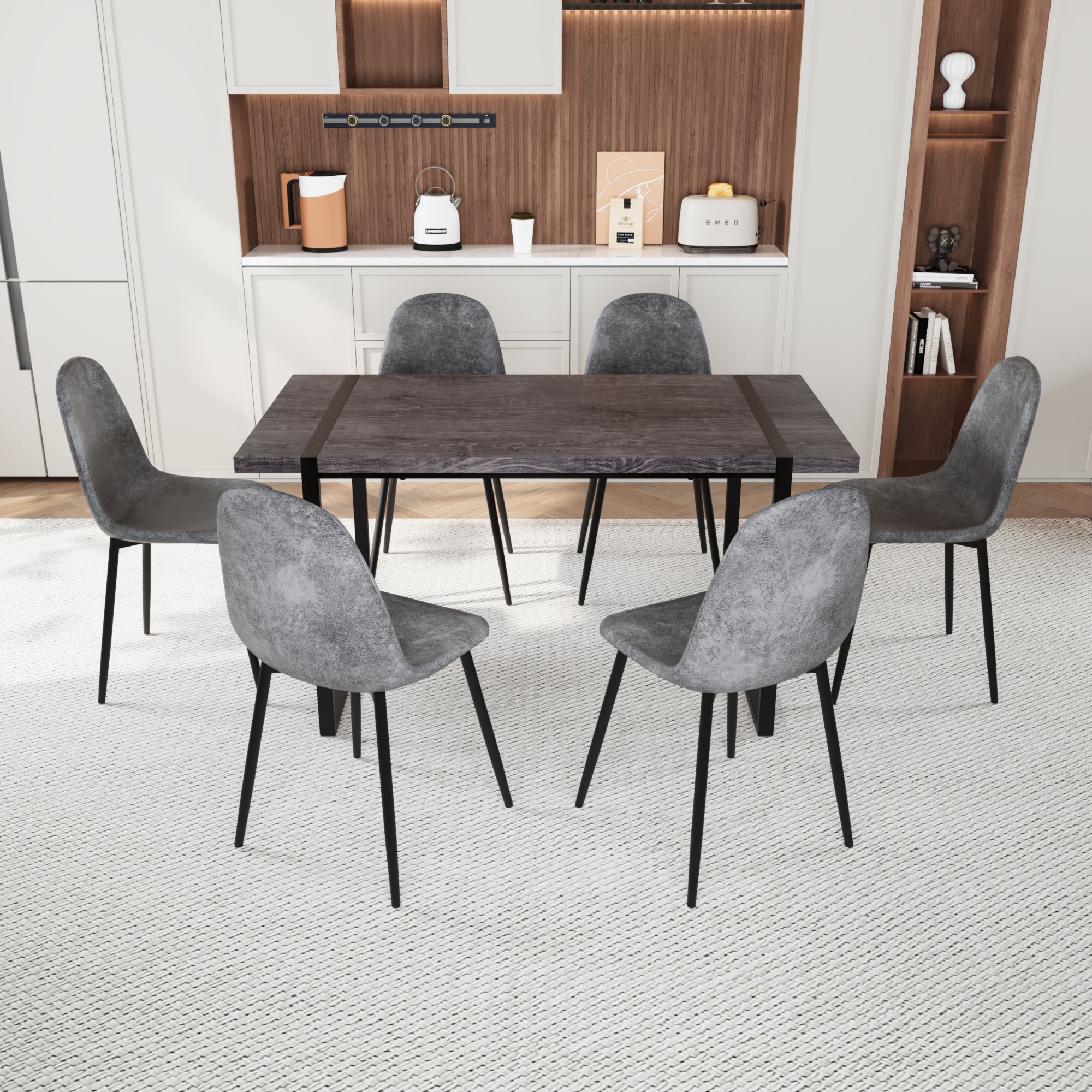 Mdf Black Wooden Dining Table And Modern Dining Chair Set Of 8 Pieces, Medieval Wooden Kitchen Dining Table Set, Black Metal Base, Dining Table And Suede Chair Set Buy 6 Chairs And Get 2 Free Grey