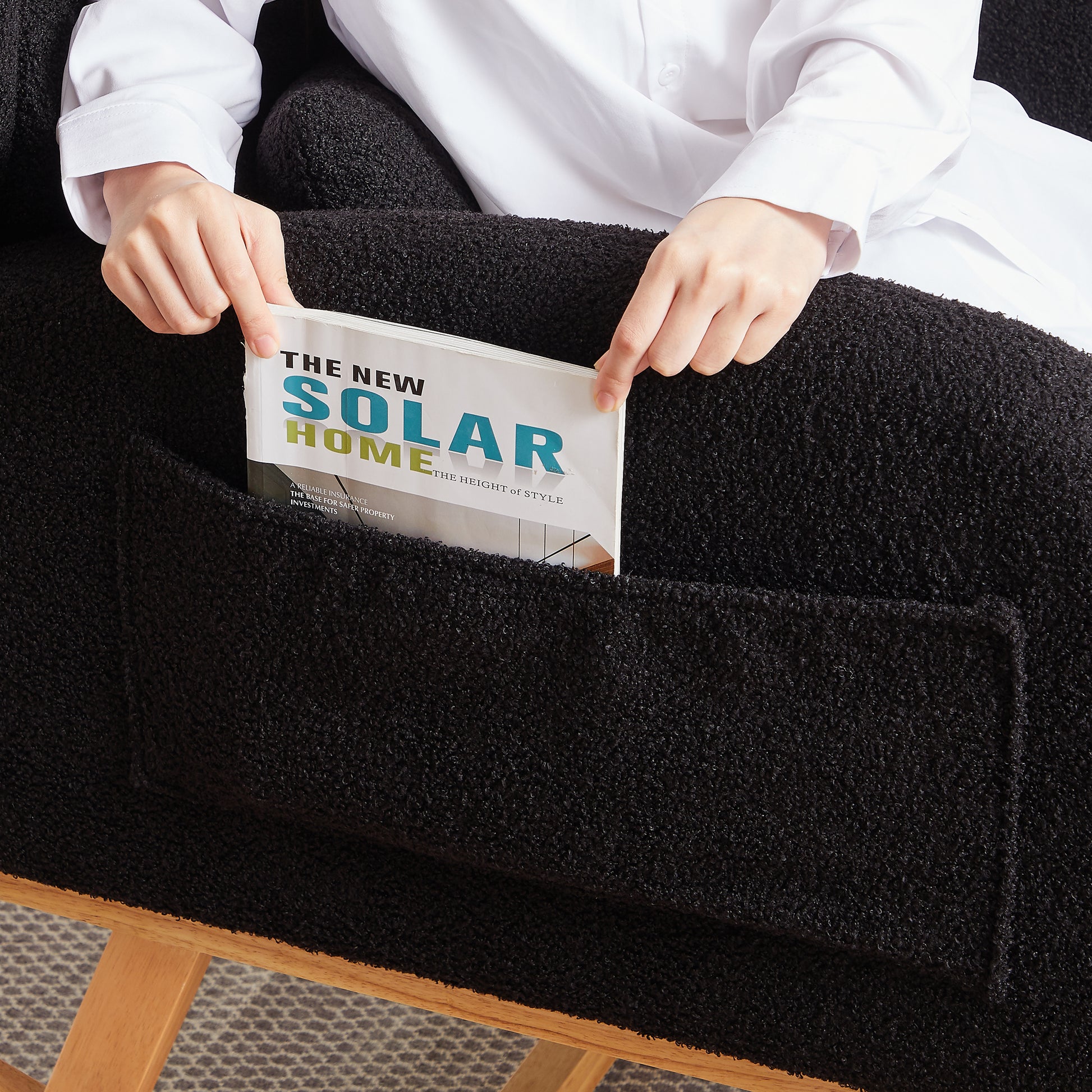 27.2"W Modern Accent High Backrest Living Room Lounge Arm Rocking Chair, Two Side Pocket Black Foam Fabric