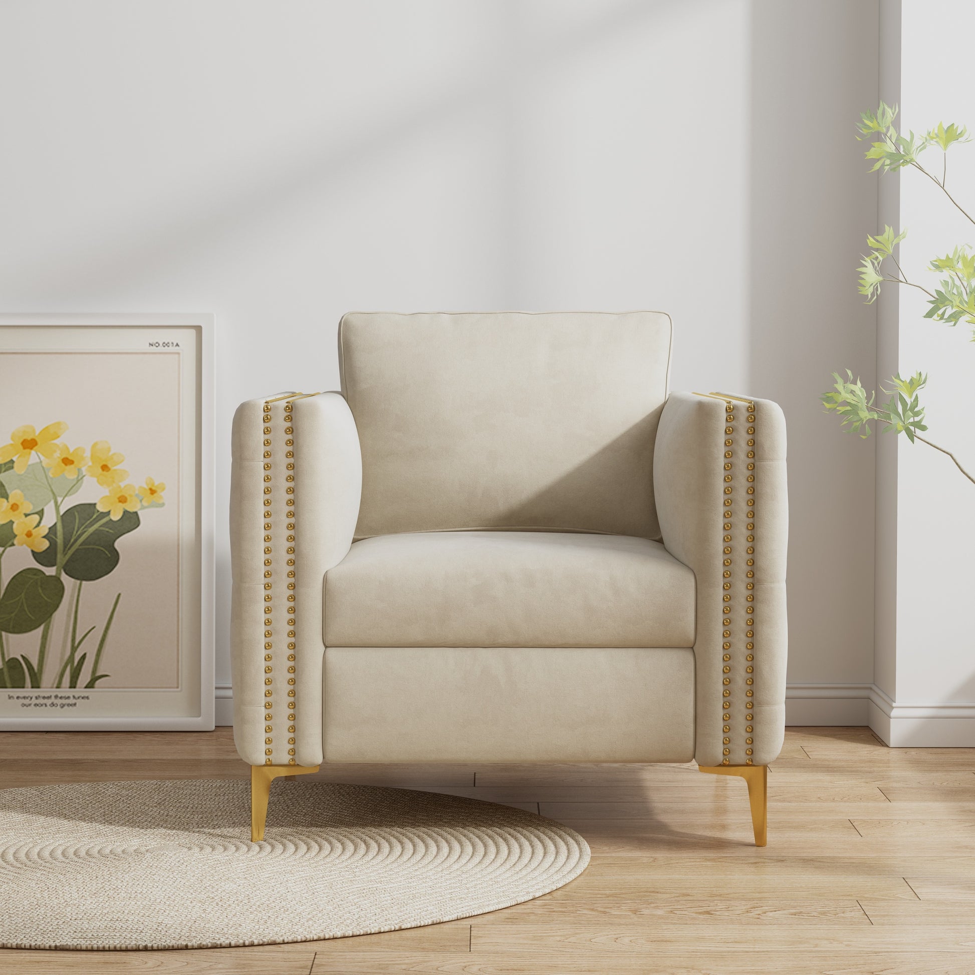 Accent Chair For Living Room Upholstered Arm Chair With Metal Legs Beige Velvet Beige Foam Fabric