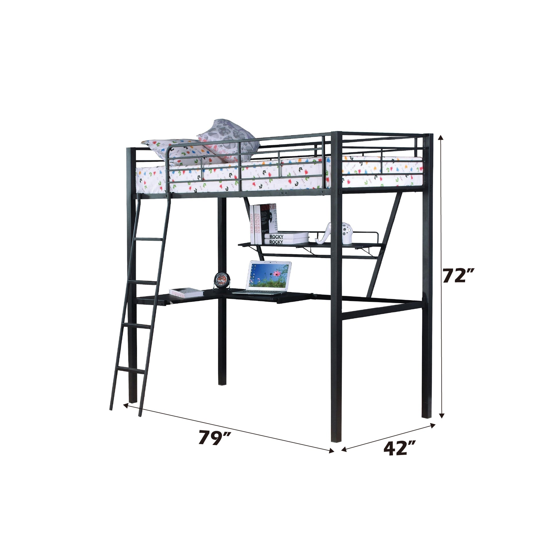 Senon Silver & Black Finish Twin Loft Bed W Desk Black,Silver Metal,Synthetic Wood