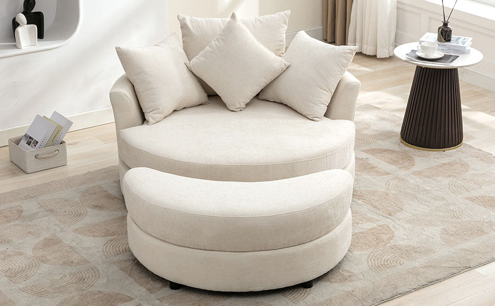 Orisfur. 360 Swivel Accent Barrel Chair With Storage Ottoman & 4 Pillows, Modern Chenille Leisure Chair Round Accent For Living Room, Cream Cream Foam Chenille