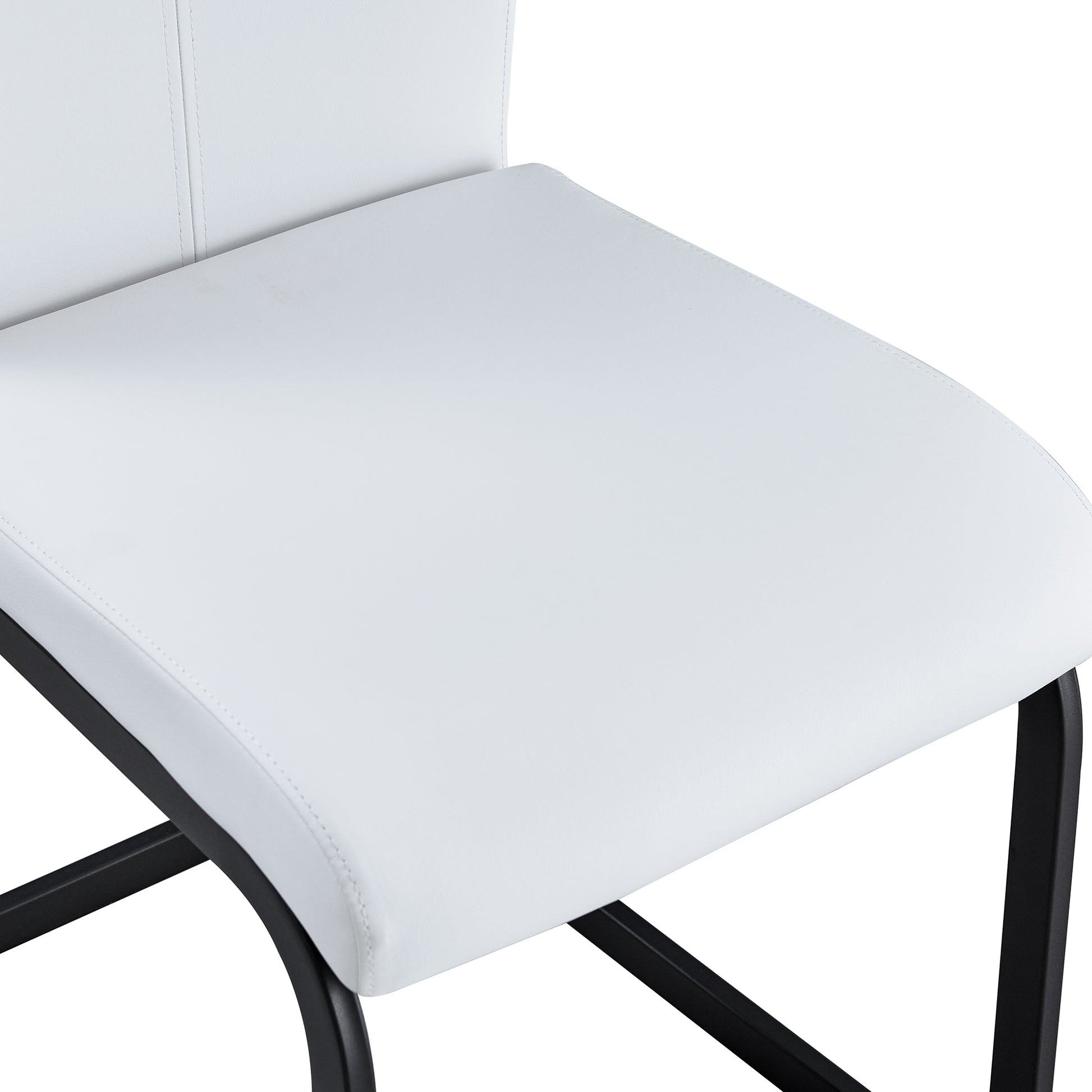 Table And Chair Set.A Modern Minimalist White Marble Veined Mdf Dining Table With Black Metal Frame.Paried With 6 Chairs With White Pu Cushions And C Tube Black Metal Legs. White Seats 6 Mdf Metal