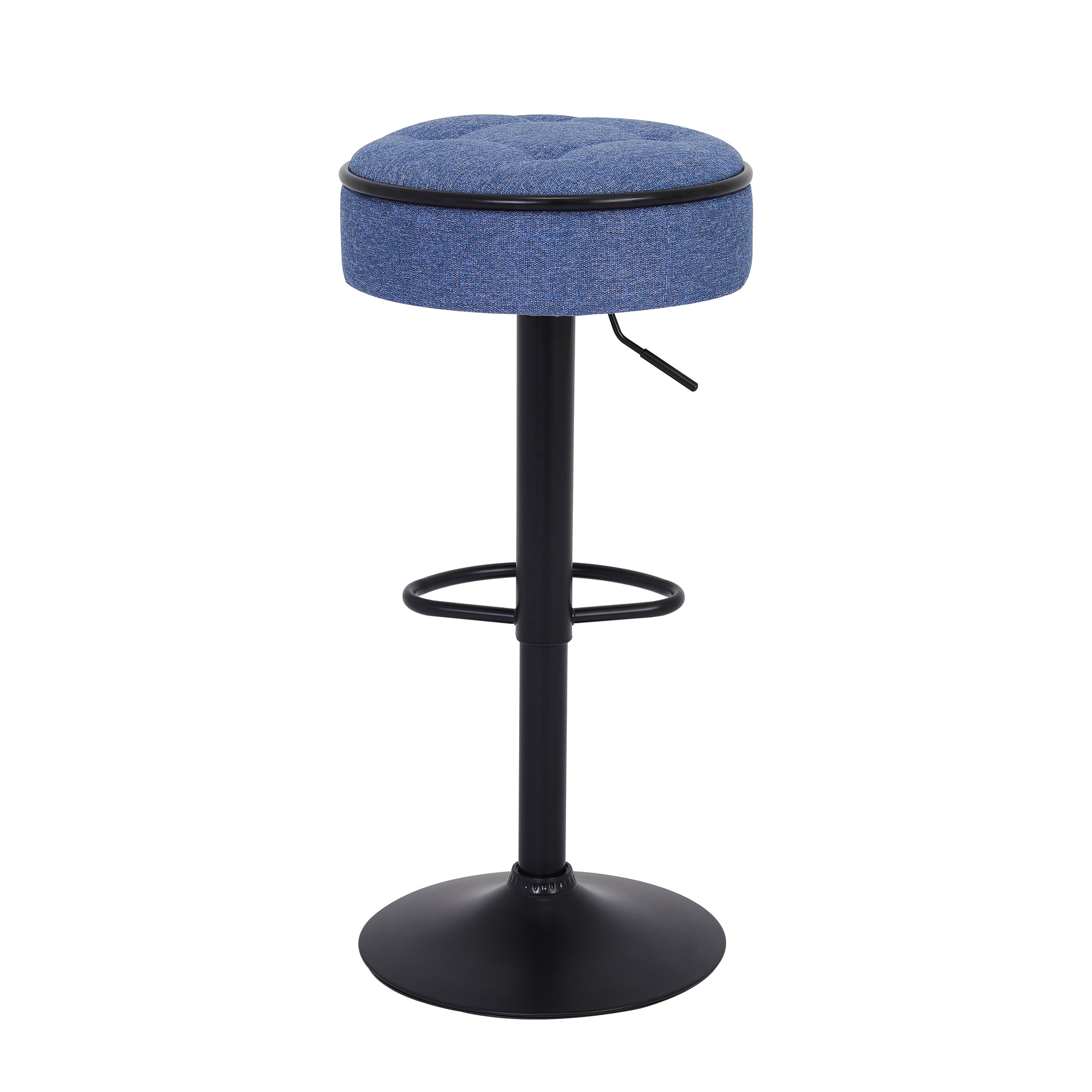 Round Storage Bar Stool Set Of 2, Blue Linen Height Adjustable Barstool, 360 Counter Height Swivel Stool, Armless Bar Chair With Metal Frame For Kitchen Counter Dining Living Room Blue Set Of 2 Foam Linen