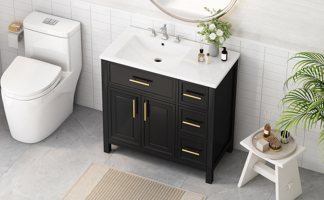 36" Bathroom Vanity With Sink Top, Bathroom Vanity Cabinet With Two Doors And Three Drawers, Solid Woodmdf Boards ,One Package, Black Black Solid Wood Mdf