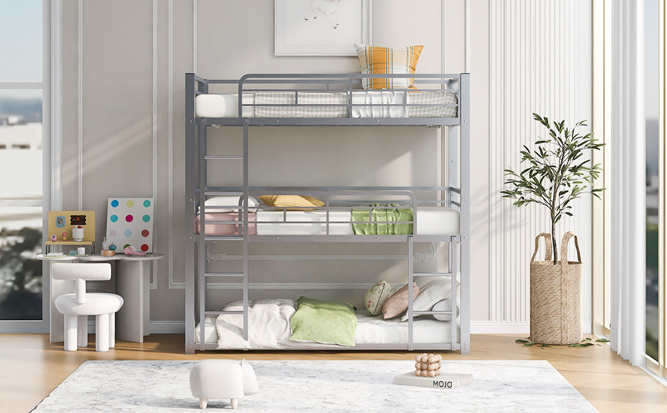 Metal Twin Size Triple Bunk Bed, Silver Old Sku: Sm000230Aan 1 Box Spring Not Required Twin Silver Metal Bedroom Metal