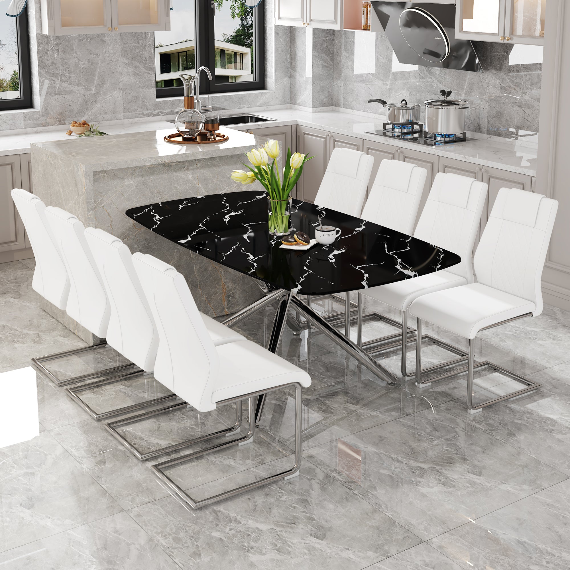 Table And Chair Set.Table And Chair Set.Modern Luxurious Black Marble Patterned Tempered Glass Dining Table With 8 White Pu Chairs.Multiple White High Quality Pu Dining Chairs With Silver Legs.