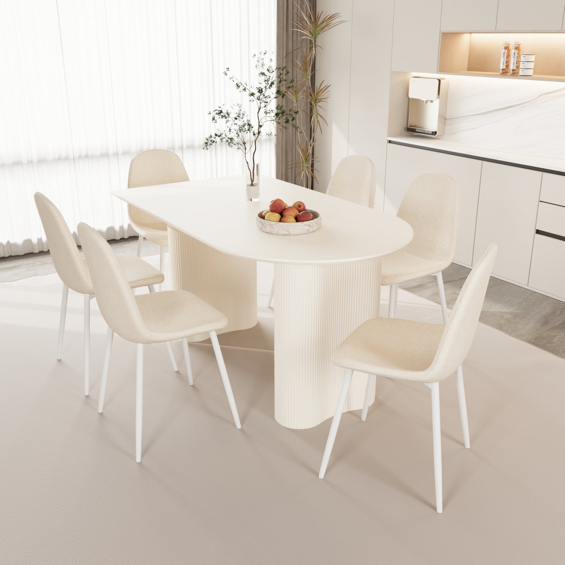 63 " Mdf Cream Style Dining Table And Modern Dining Chair 8 Piece Set, Modern Kitchen Dining Table Set, Round Wave Table Legs, Dining Table And Round Linen Chairs Buy 6 Chairs And Get 2 Free Beige