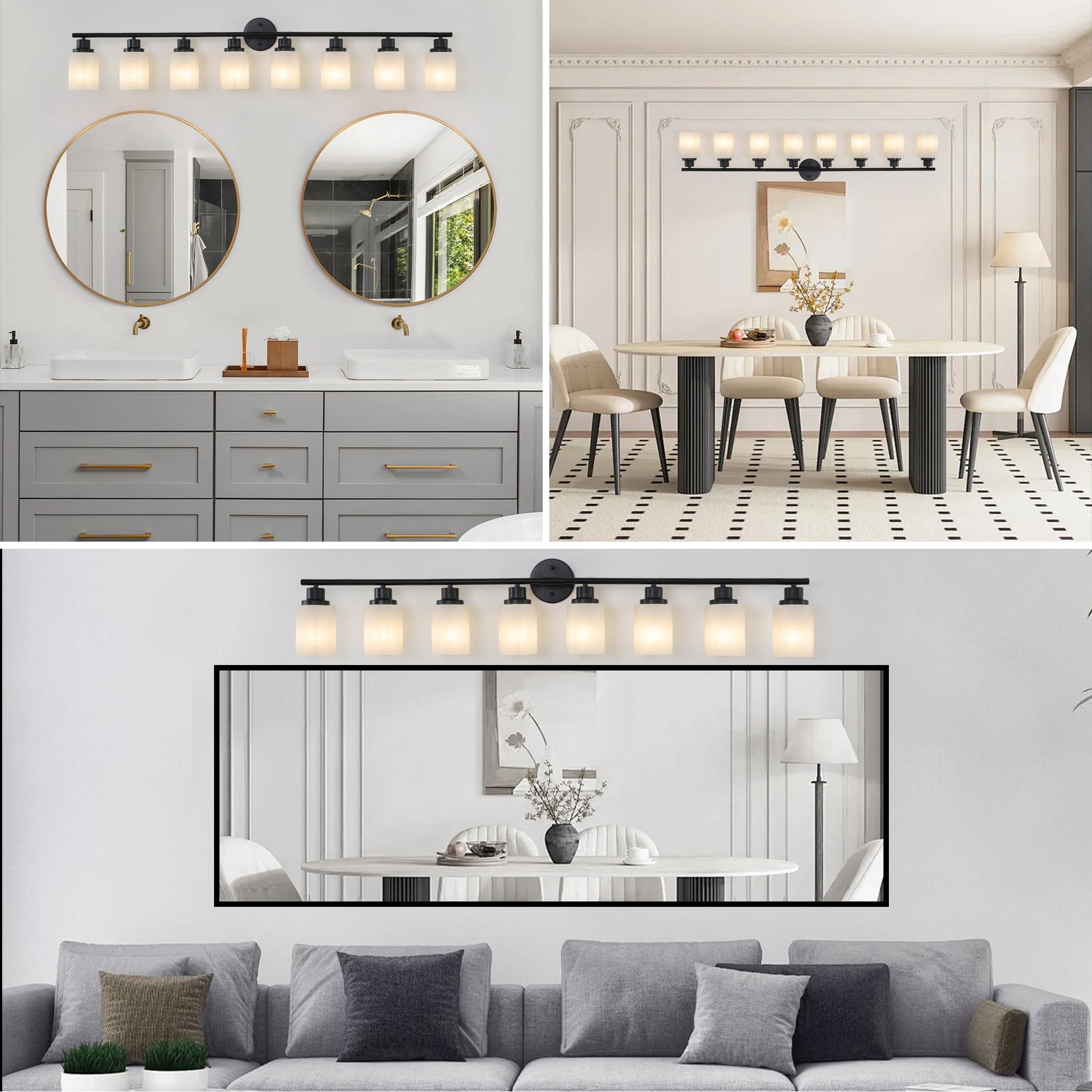 Modern 8 Light Vanity Bathroom Mirror Light, Frosted White Glass With Black Iron Frame, Contemporary Wall Sconce For Bedroom, Bathroom, And Dressing Room Bulb Not Included Black,White Glass,Iron