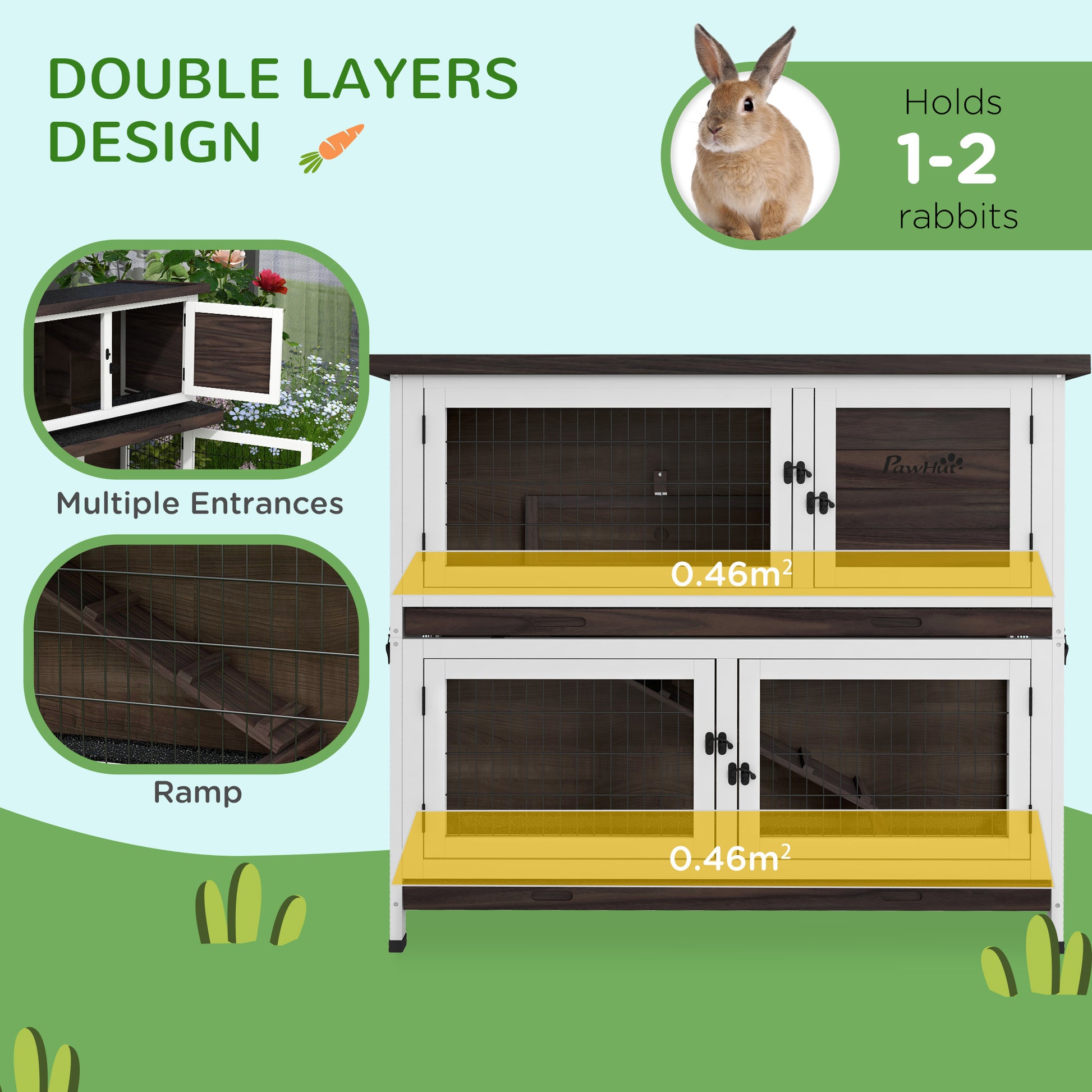 Pawhut Rabbit Hutch, Outdoor 2 Tier Rabbit Cage, 46" Wooden Guinea Pig Cage With Double Removable Trays, Ramp, Asphalt Roof For 1 2 Rabbits, No Screws Easy Installation, Brown Brown Wood