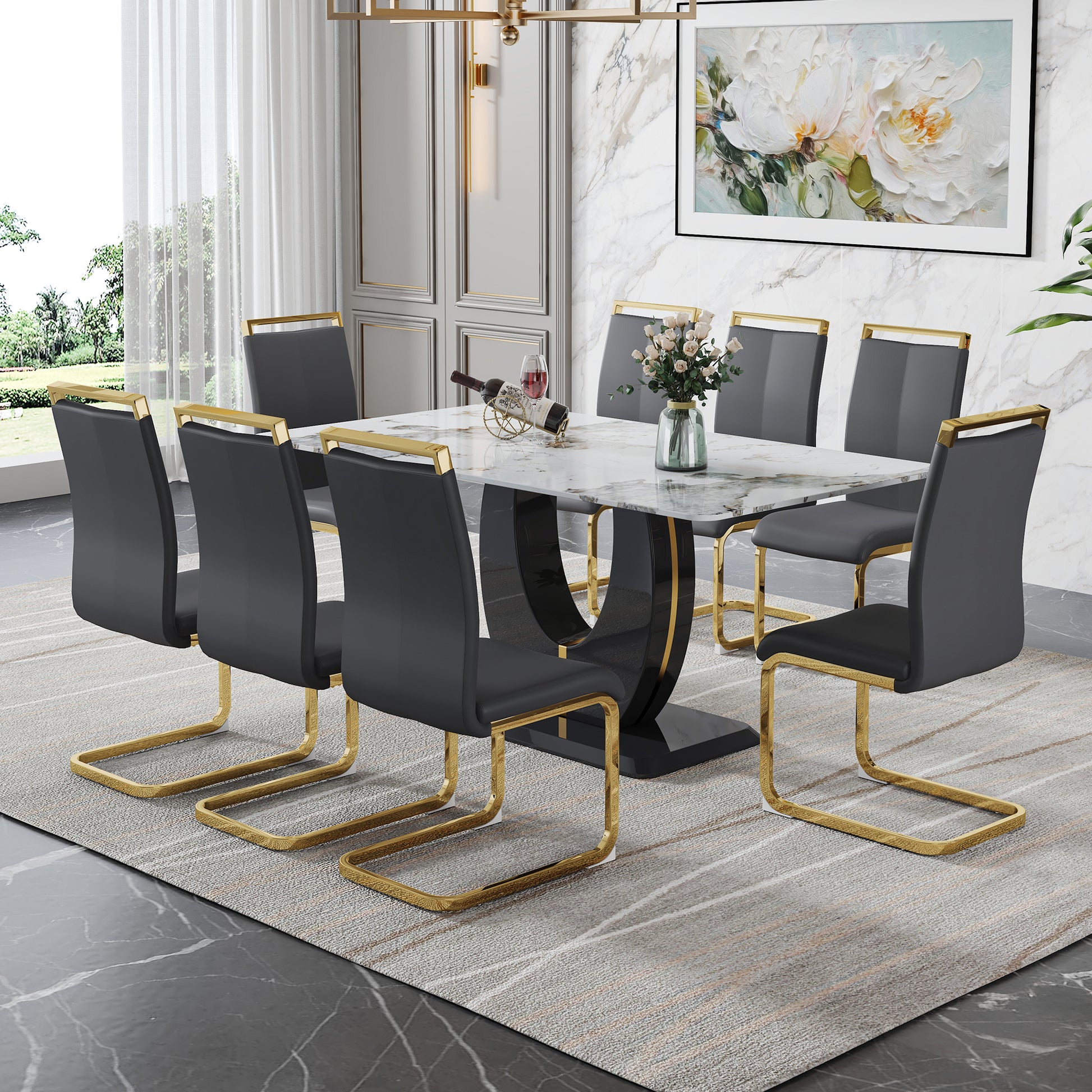 Table And Chair Set, Modern Dining Table, Patterned Table Top And Black Mdf Table Leg, Soft And Comfortable Dining Chair, Perfect For Dinner, Meetings, Home And Office Decor Black Grey Mdf Glass