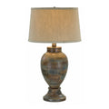 30 Inch Hydrocal Table Lamp, Drum Shade, Classic Urn Base, Brown And Blue Brown Beige Fabric