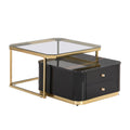 Modern 2 Pieces Black Square Nesting Coffee Table With Drawers & Electroplated Gold Legs In 27.6'' Golden Black Drawers Coffee & End Tables Glossy Square Mdf Glass Mdf Pedestal