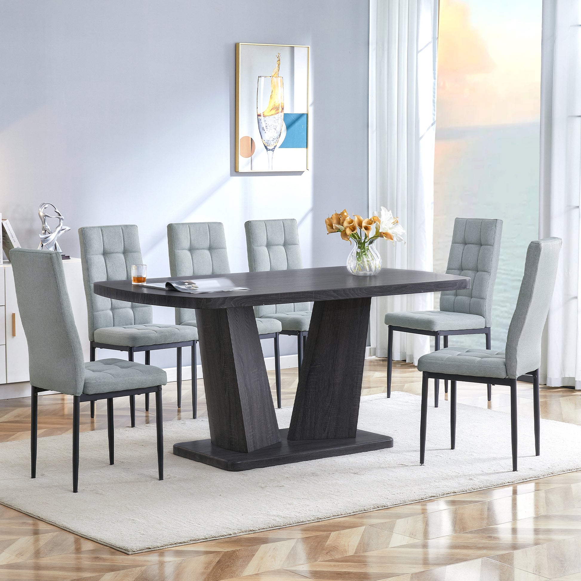 Dining Table Set For 6, 7 Piece Kitchen Table Chairs Set, 1.8" Thickness Tabletop And V Shaped Table Legs, Modern Dining Room Set With 63 Inch Dinner Table And 6 Upholstered Chairs For Dining Room Metal Gray Dining Room Classic,Mid Century Modern,Modern