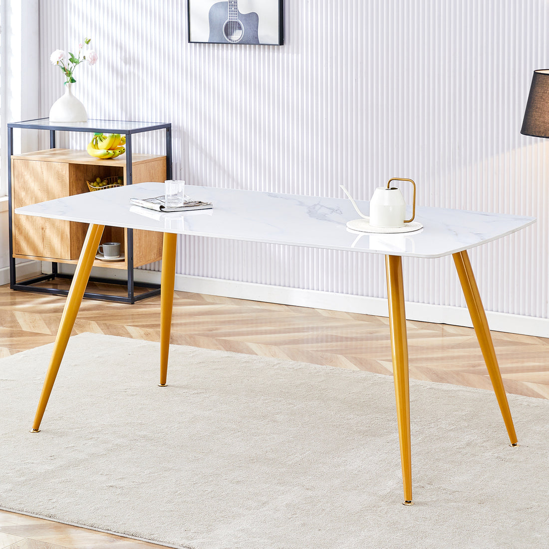 Modern Minimalist Dining Table. White Imitation Marble Pattern Sintered Stone Desktop With Golden Metal Legs.62"*34.6"*29.9" F 001 Gold Sintered Stone