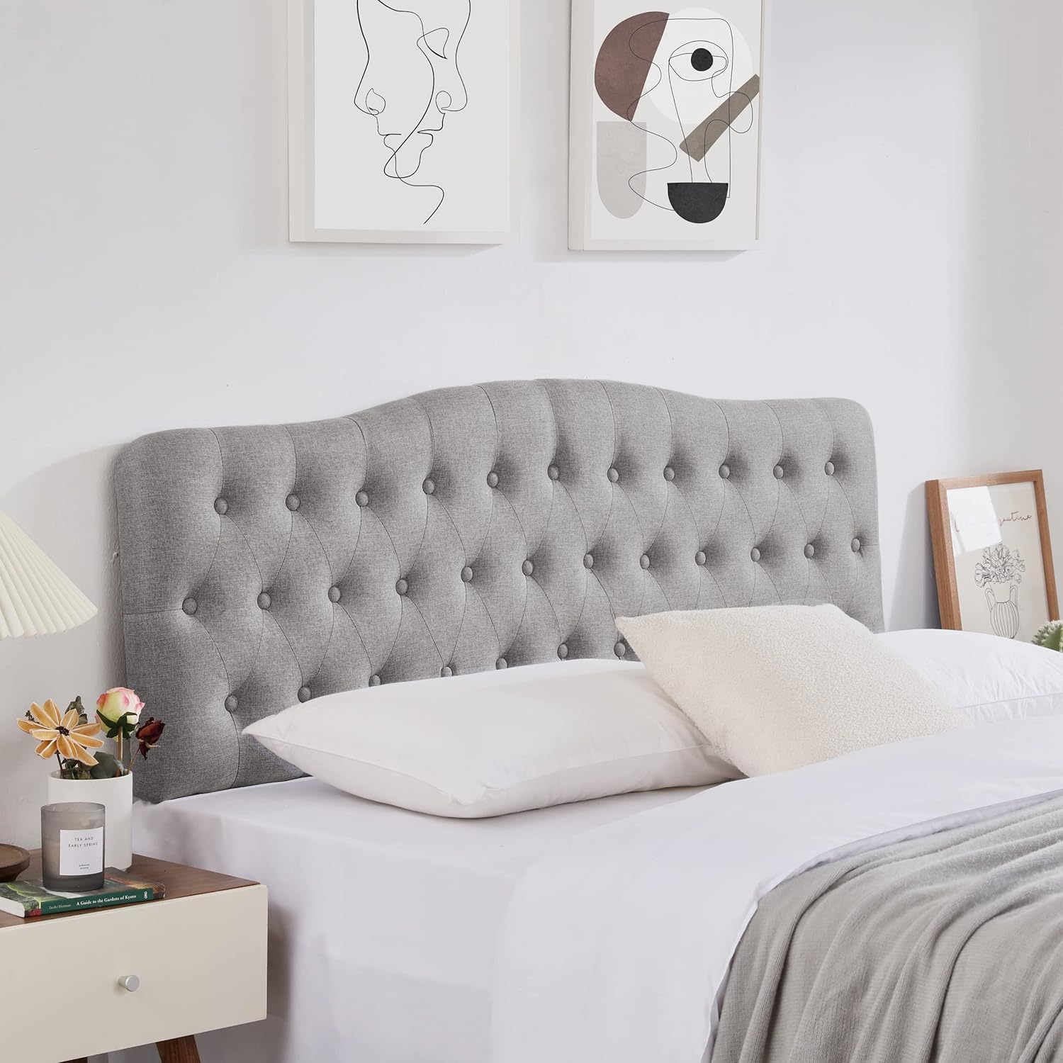 Upholstered Twin Headboard, Button Diamond Tufted Headboard With Adjustable Height And Solid Wood Leg, Linen Fabric Padded Headboard For Twin Size Bed, Mordern Head Board, Grey Twin Grey Bedroom Bed Frame Linen Fabric Metal