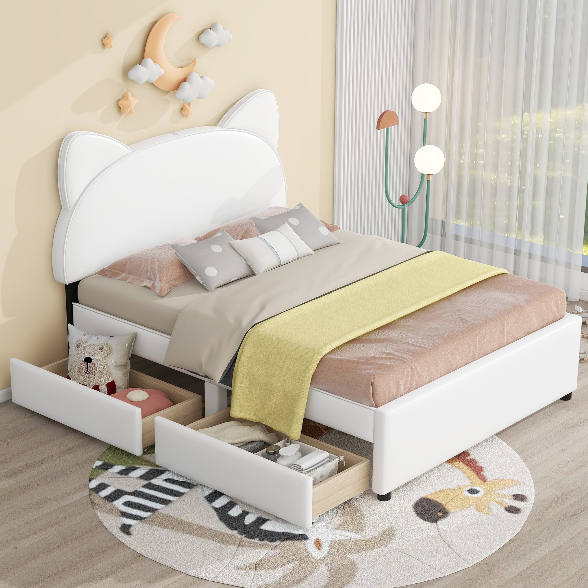 Full Size Upholstered Platform Bed With Cartoon Ears Shaped Headboard And 2 Drawers, White Box Spring Not Required Full White Wood Bedroom Bed Frame Faux Leather Upholstered