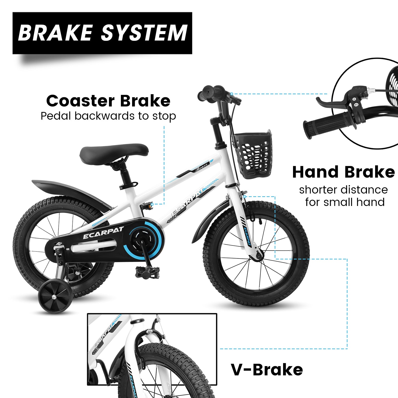 C14111A Kids Bike 14 Inch For Boys & Girls With Training Wheels, Freestyle Kids' Bicycle With Bell,Basket And Fender. White Steel