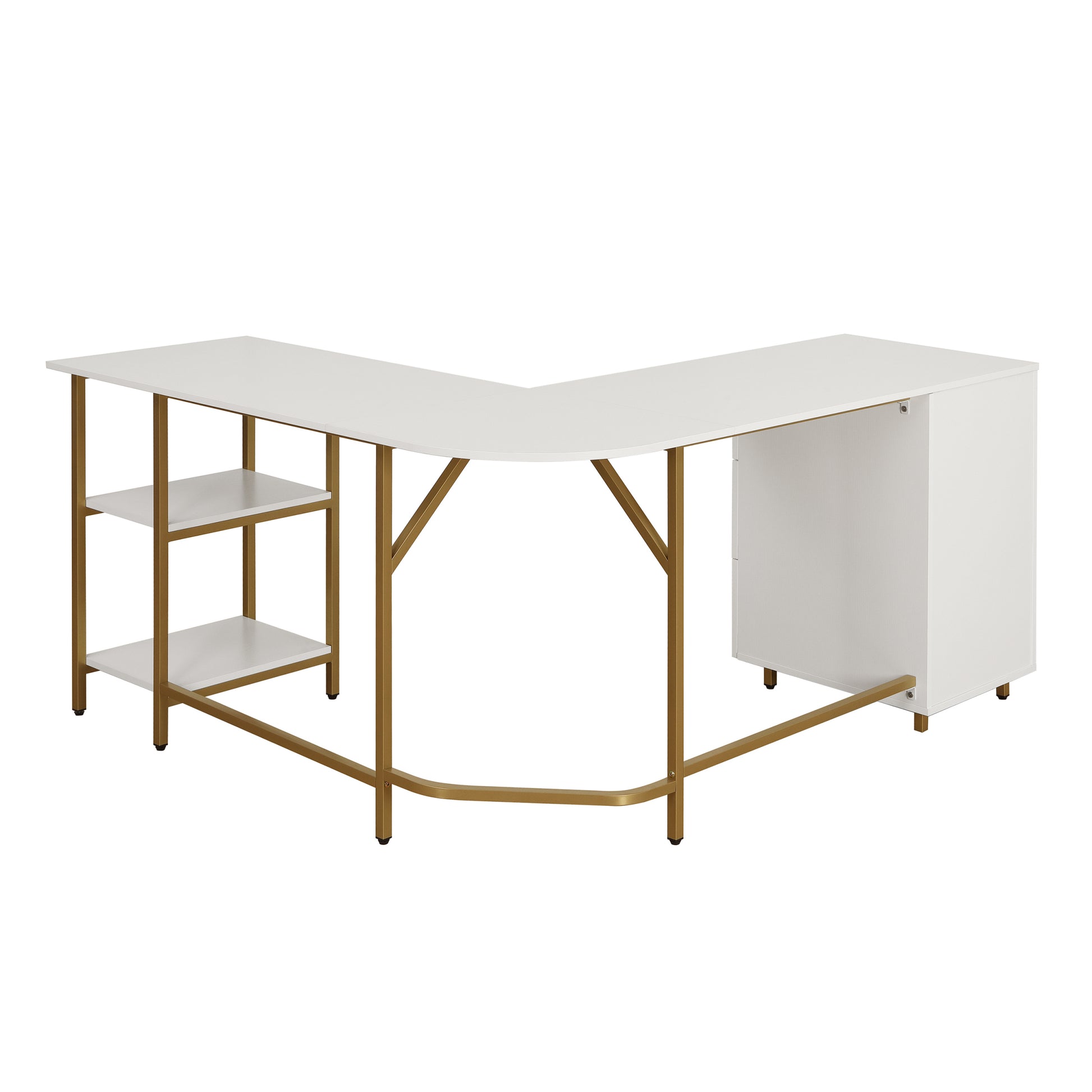 Techni Mobili L Shape Home Office Two Tone Desk With Storage, Gold Gold Computer Desk Office Modern L Shape Engineered Wood