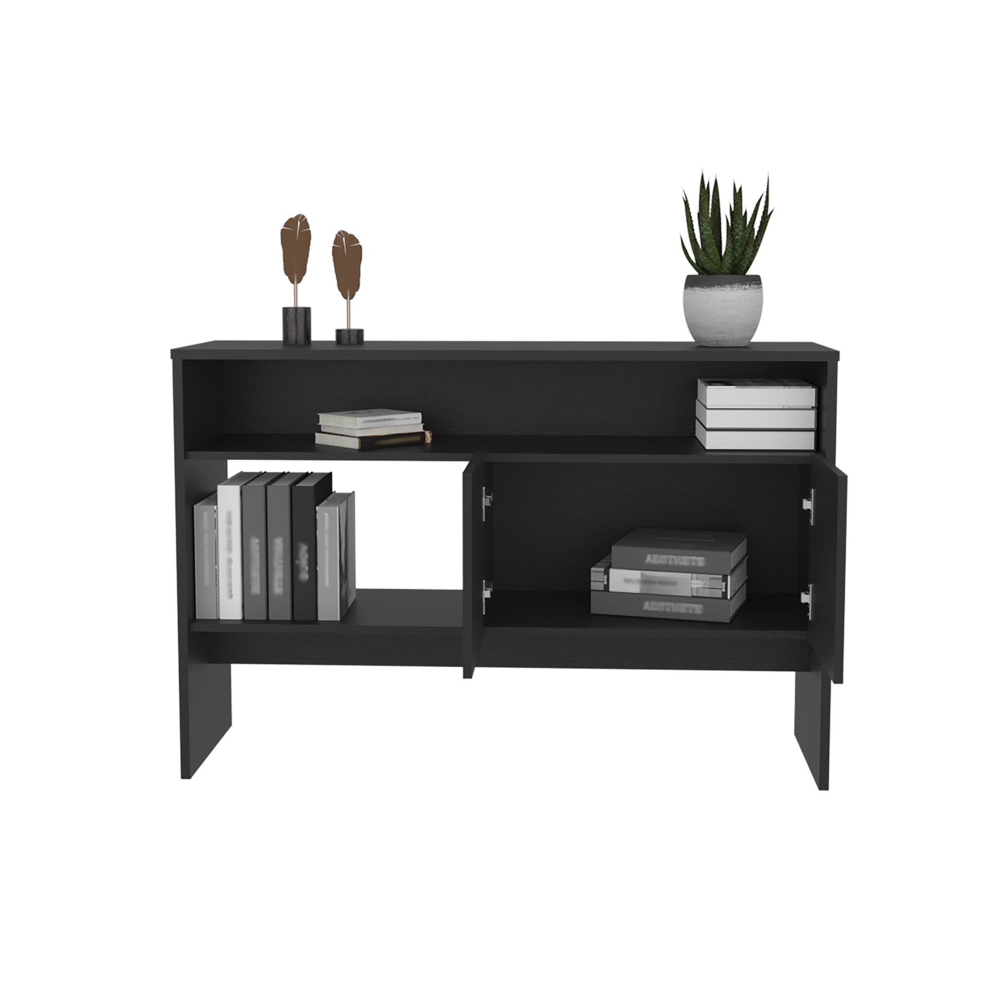 Bellagio 48.7" Wide 2 Tier Narrow Bellagio Console Table With Double Door Cabinet 2 Or Less Black Bathroom Modern Particle Board