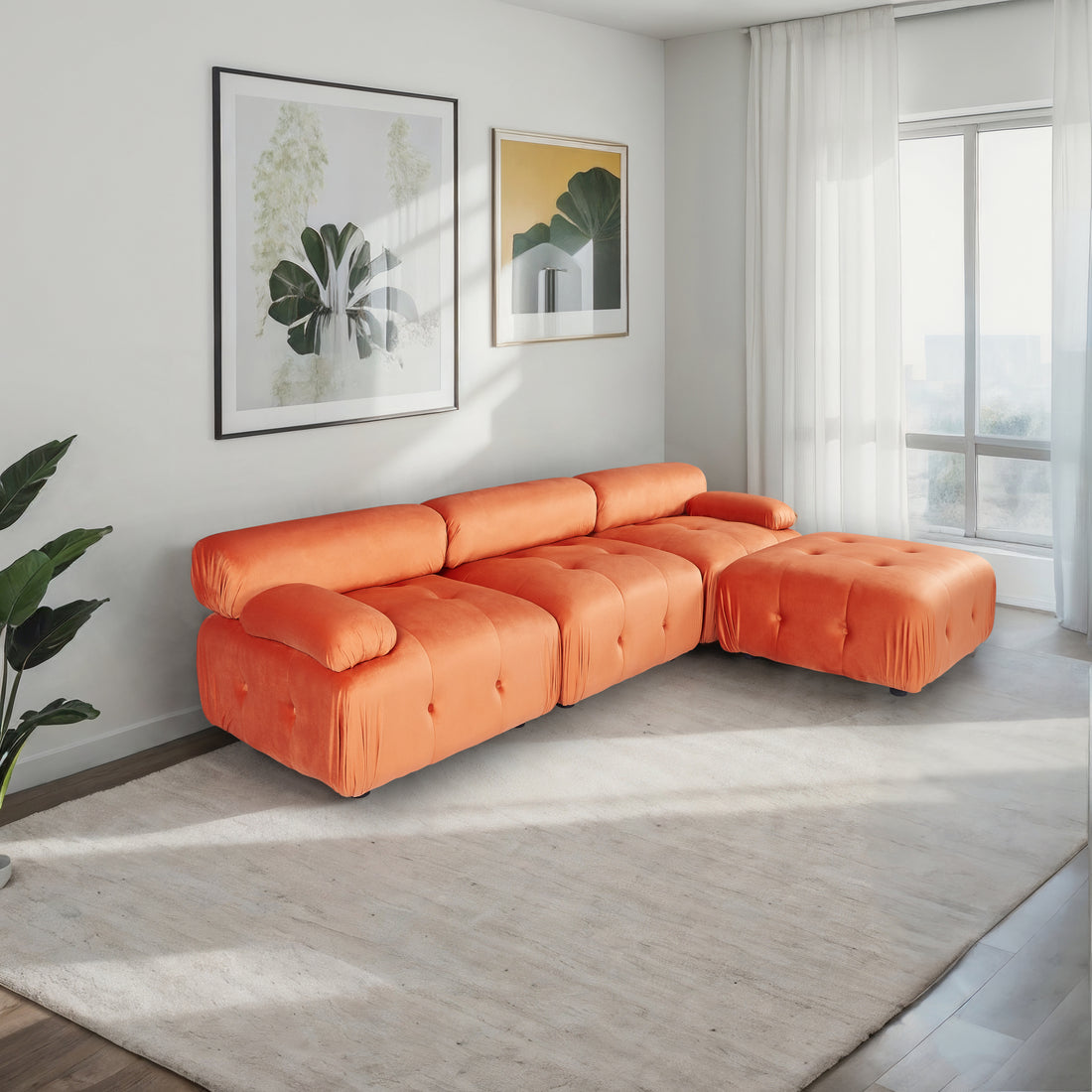 Modular Sectional Sofa Couch, Modern L Shaped Cloud Couch With Reversible Ottoman Convertible Button Tufted Velvet Fabric Couches For Living Room, Diy Combination,Orange Orange Velvet 4 Seat