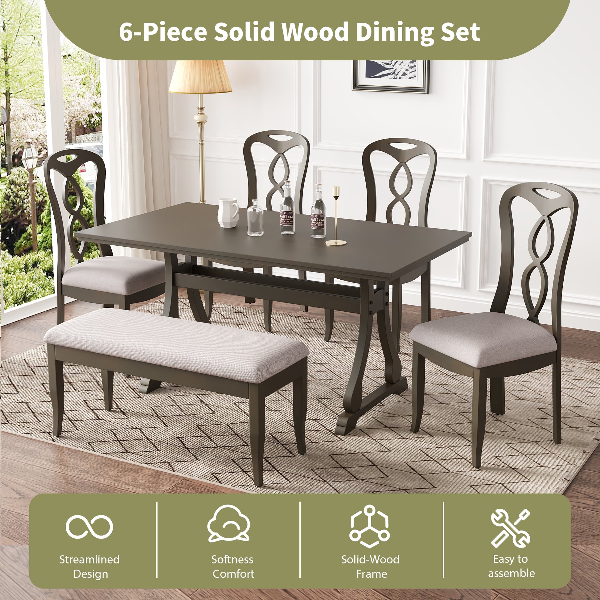 Retro 6 Piece Trestle Dining Table Set With Upholstered Dining Chairs And Dining Bench, Smooth Dining Backs For Dining Room, Living Room, Kitchen, Gray Gray Wood Dining Room Solid Wood Rubberwood Rectangular Dining Table With Chair And Bench Upholstered
