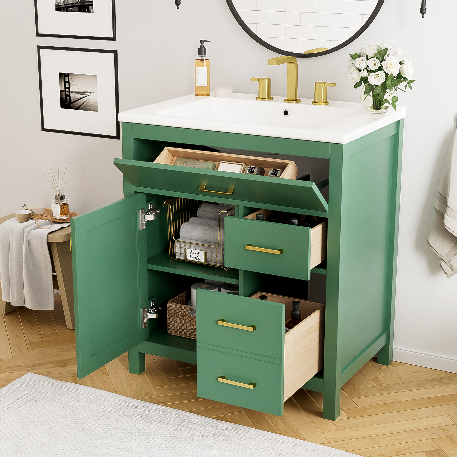 30 Inch Green Bathroom Vanity With Ceramic Sink And Large Storage Ideal Choice For Small Bathrooms Green Solid Wood Mdf