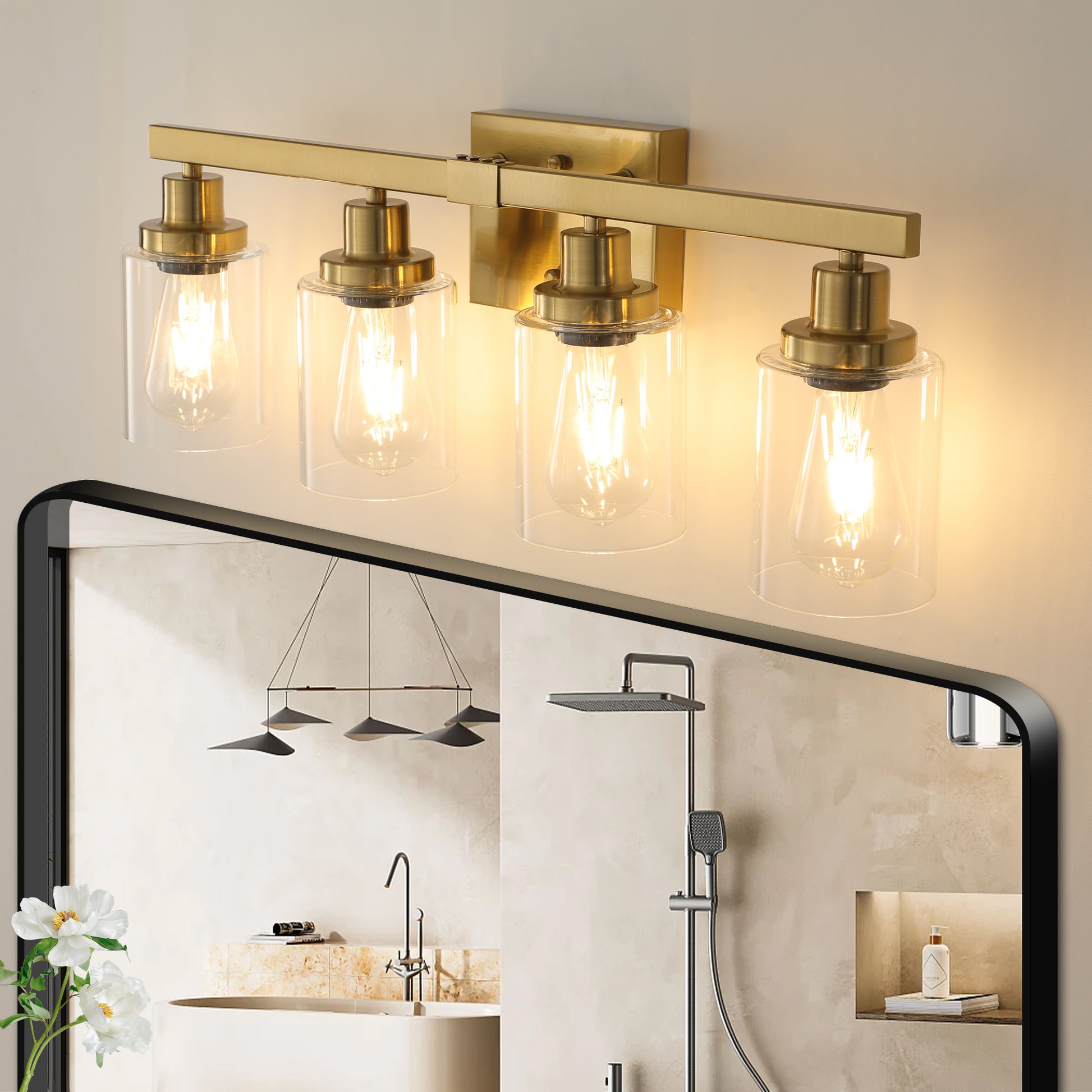 Golden 4 Light Vanity Light With Clear Glass Shades, Modern Iron Metal Bathroom Wall Fixture For Mirror, Ideal For Bathroom And Dressing Table No Bulbs Golden Glass,Iron