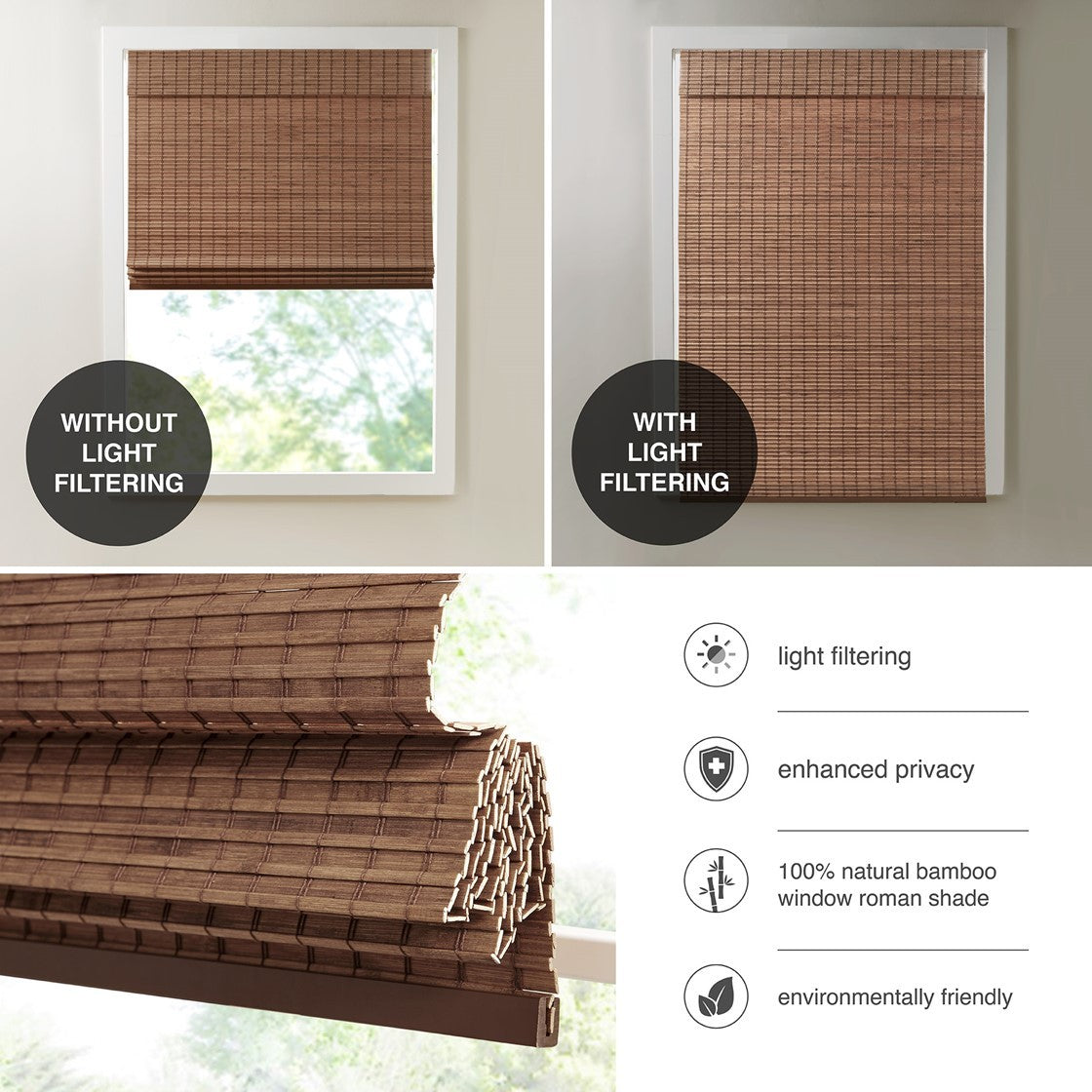 Bamboo Light Filtering Roman Shade 64"L Teak Bamboo