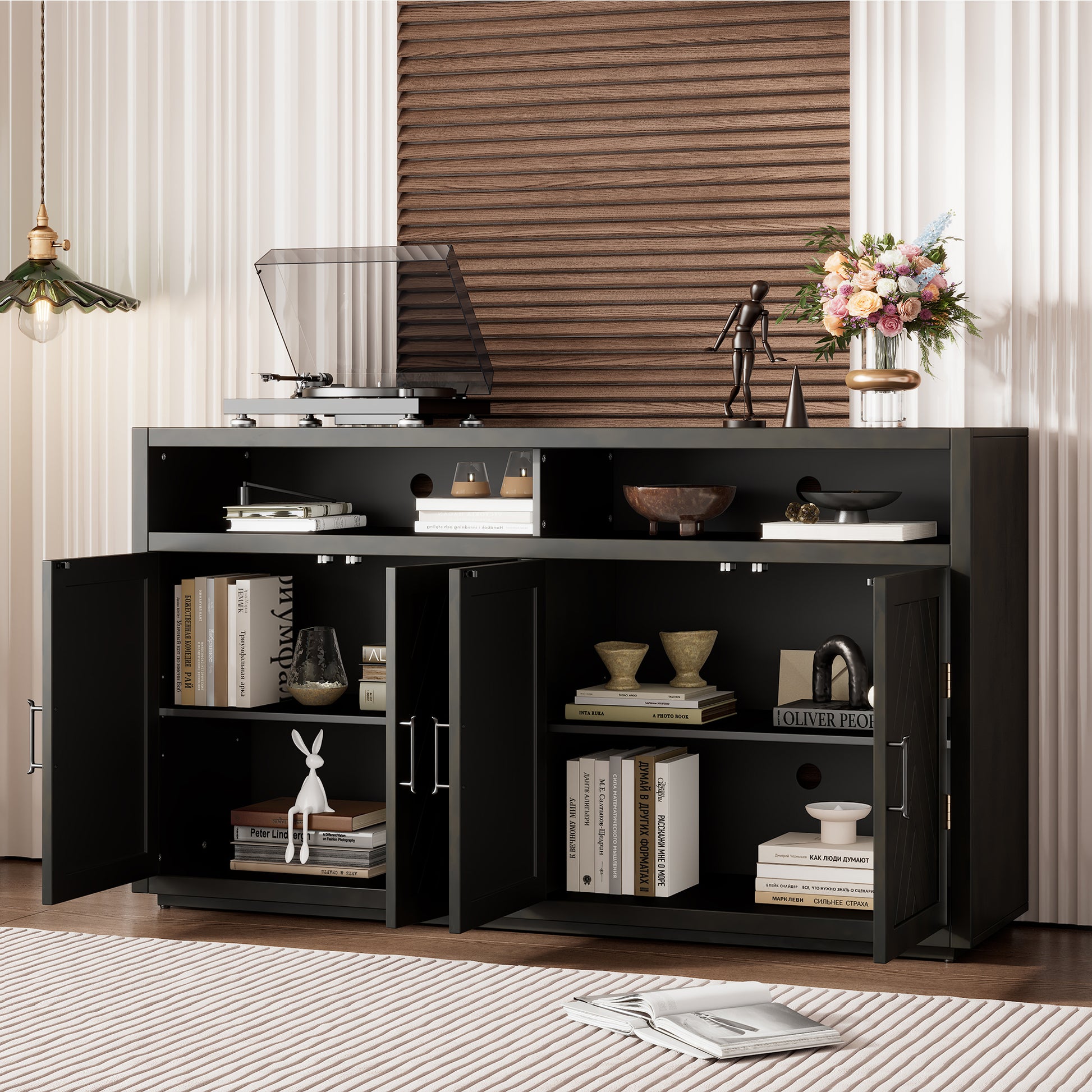 4 Door Classic Sideboard With Open Storage And Adjustable Shelves Perfect For Kitchens, Living Rooms Grey Brown Grey Brown Mdf