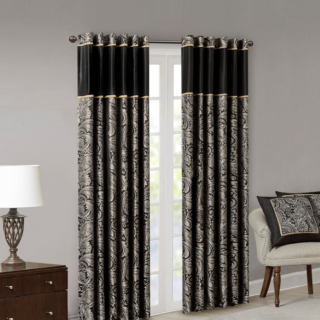 Jacquard Curtain Panel Pair 2 Pcs Window Panels Black Polyester