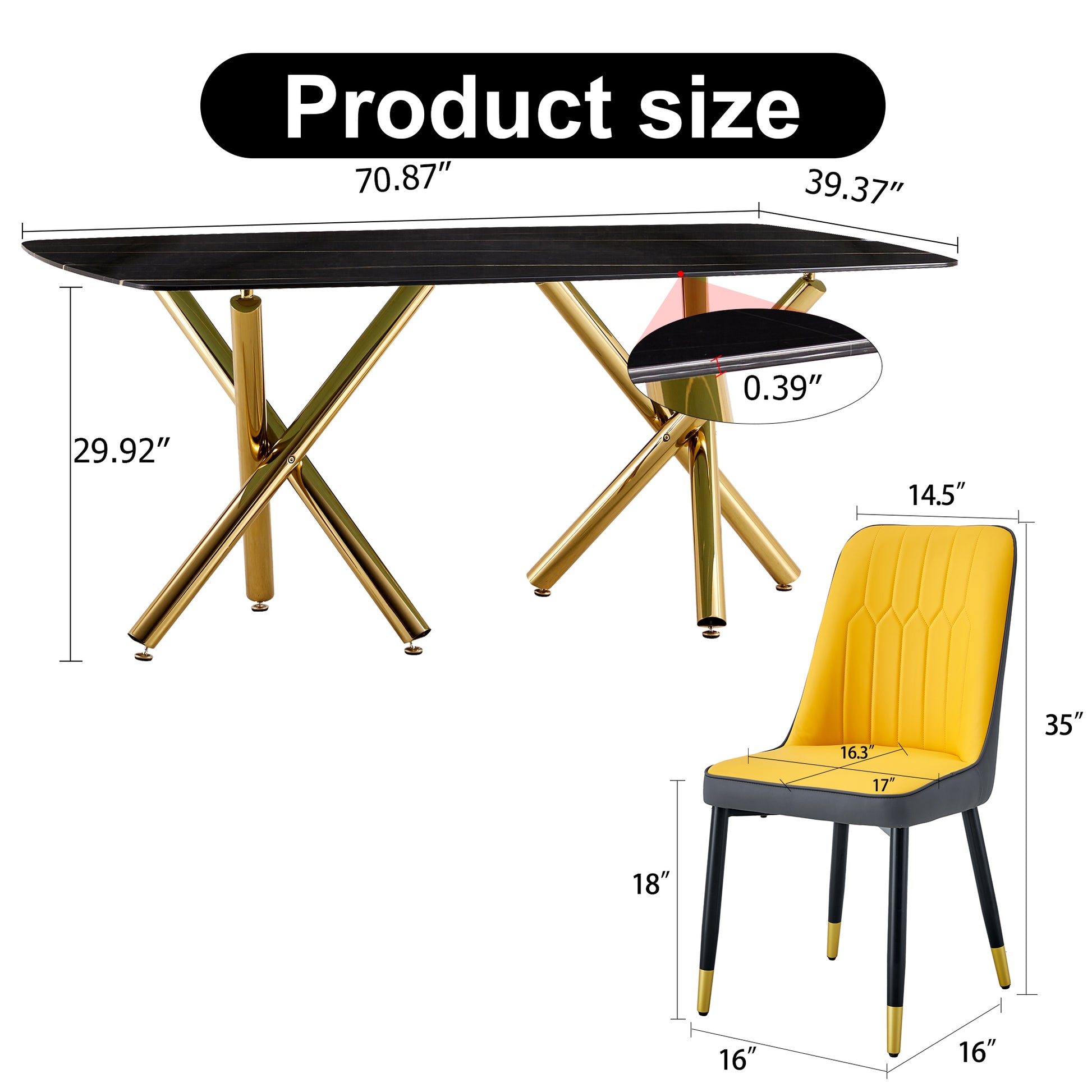 Large Modern Minimalist Rectangular Dining Table With 0.39 "Imitation Marble Black Desktop And Gold Metal Legs, Paired With 8 Chairs With Pu Cushions And Black Metal Legs.F 1538 C 007 Black Gold