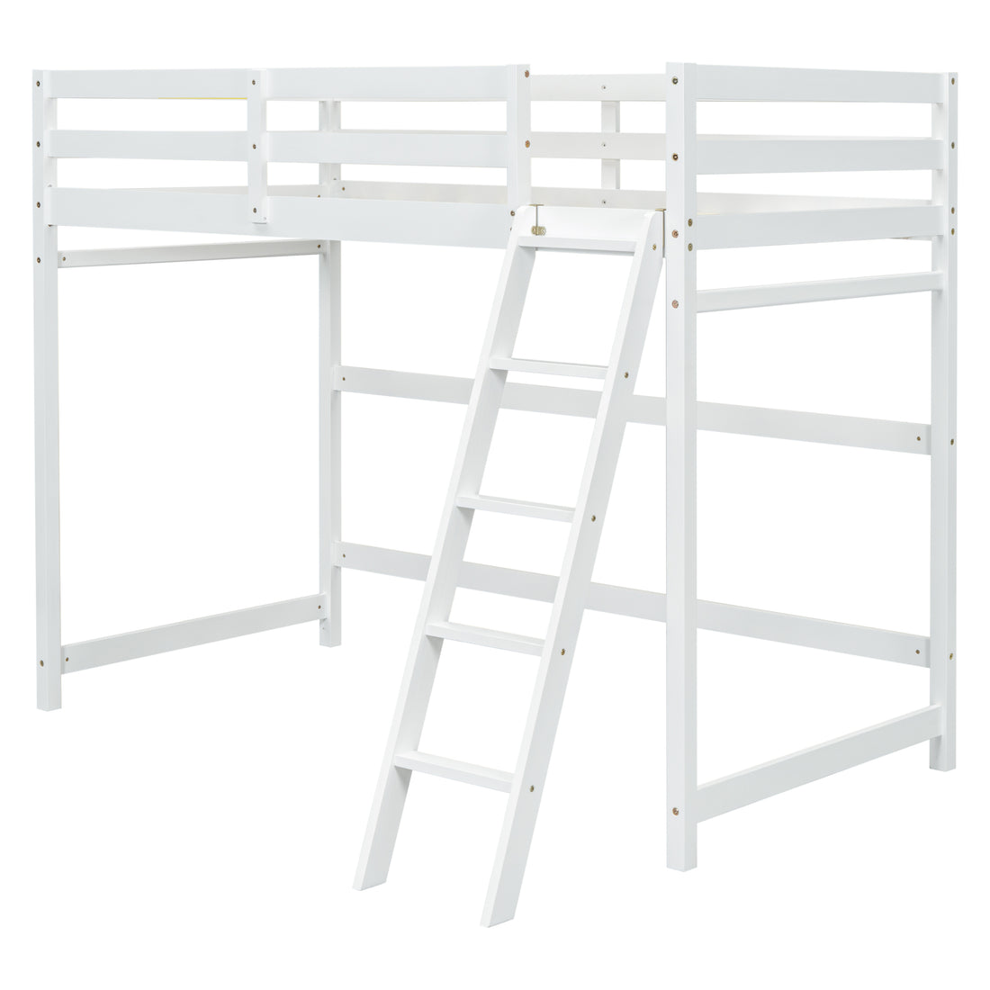 Twin Size High Loft Bed With Inclined Ladder, Guardrails,White Twin White American Design Pine