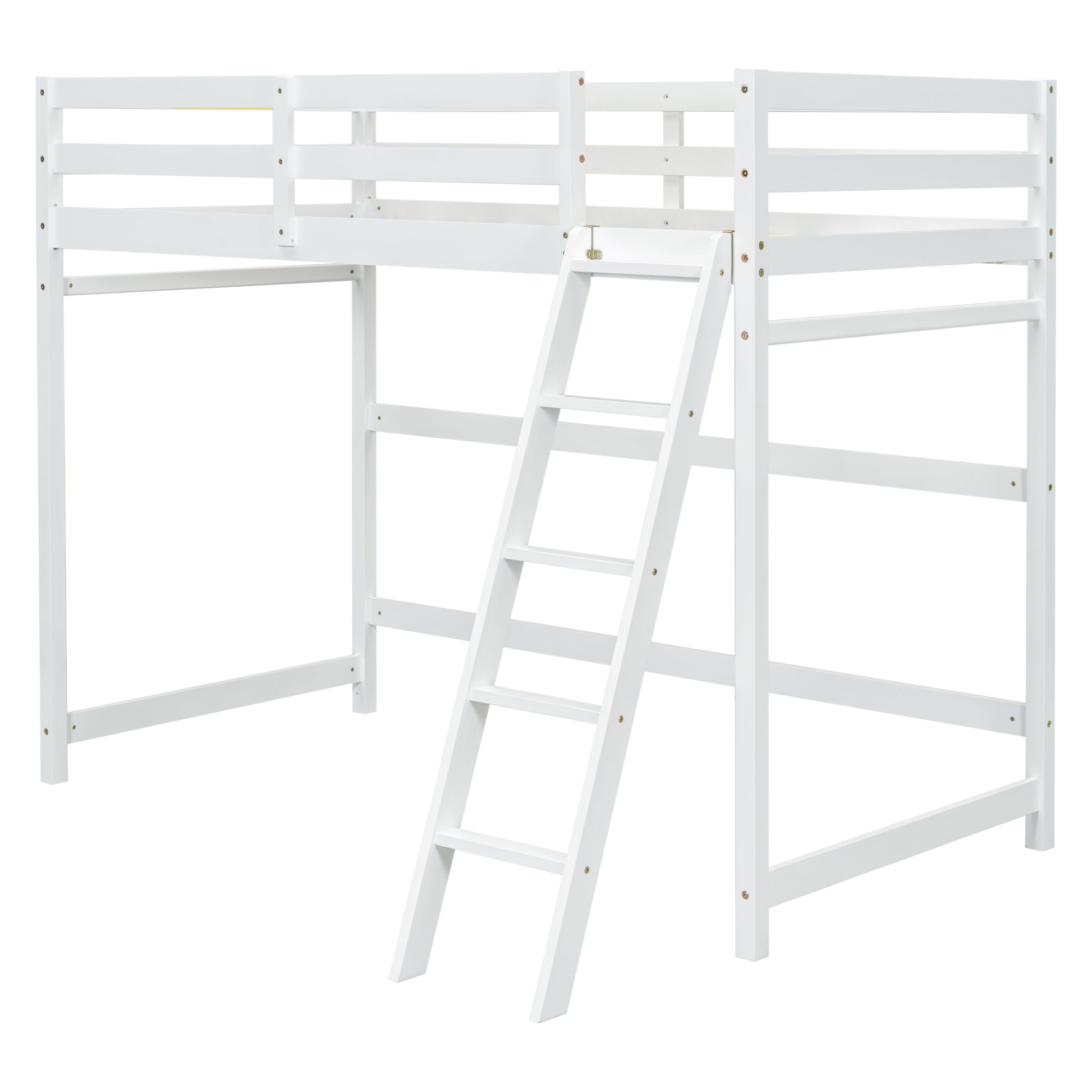 Twin Size High Loft Bed With Inclined Ladder, Guardrails,White Twin White American Design Pine