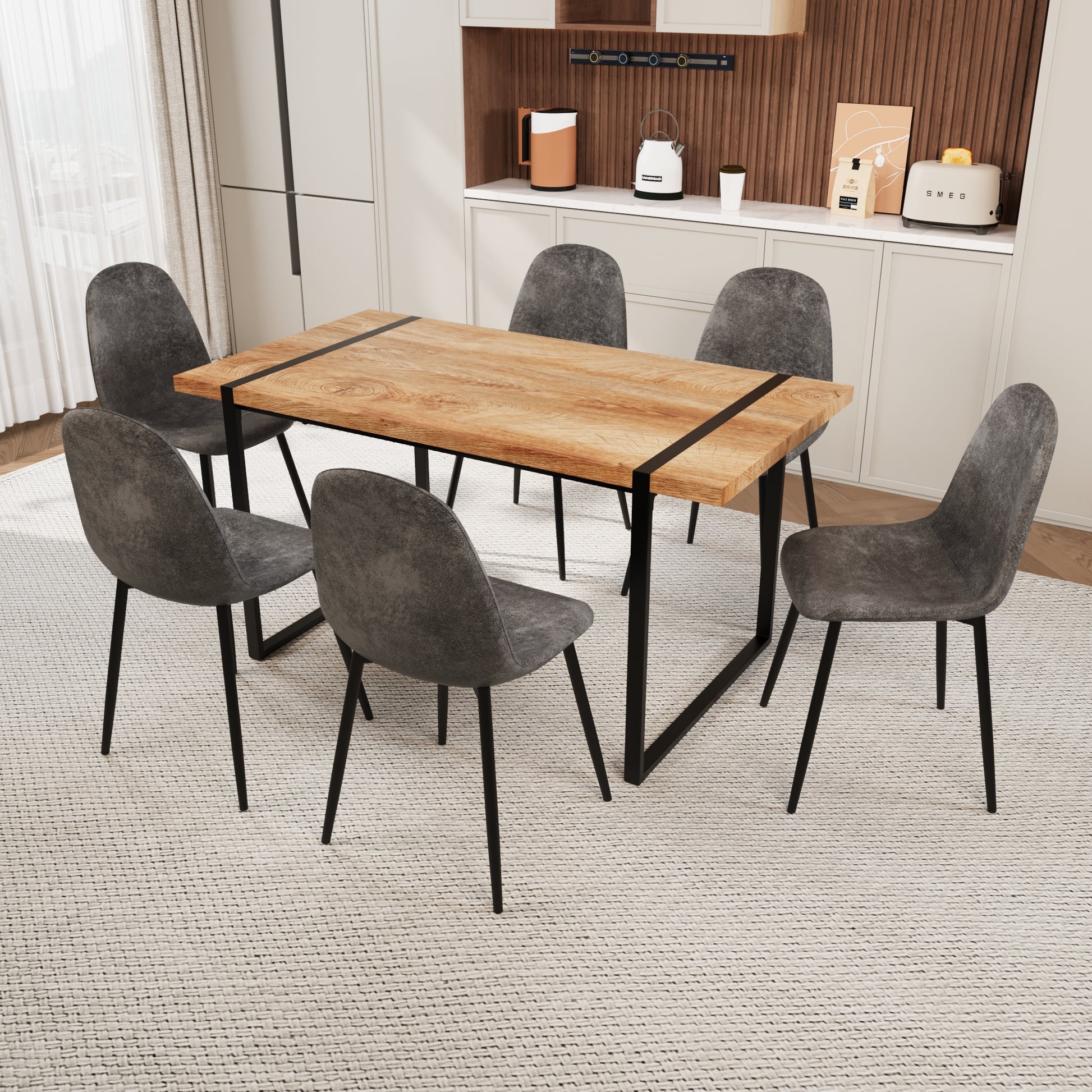 Mdf Natural Wood Dining Table And Modern Dining Chair Set Of 8 Pieces, Medieval Wooden Kitchen Dining Table Set, Black Metal Base, Dining Table And Suede Chair Set Buy 6 Chairs And Get 2 Free Grey