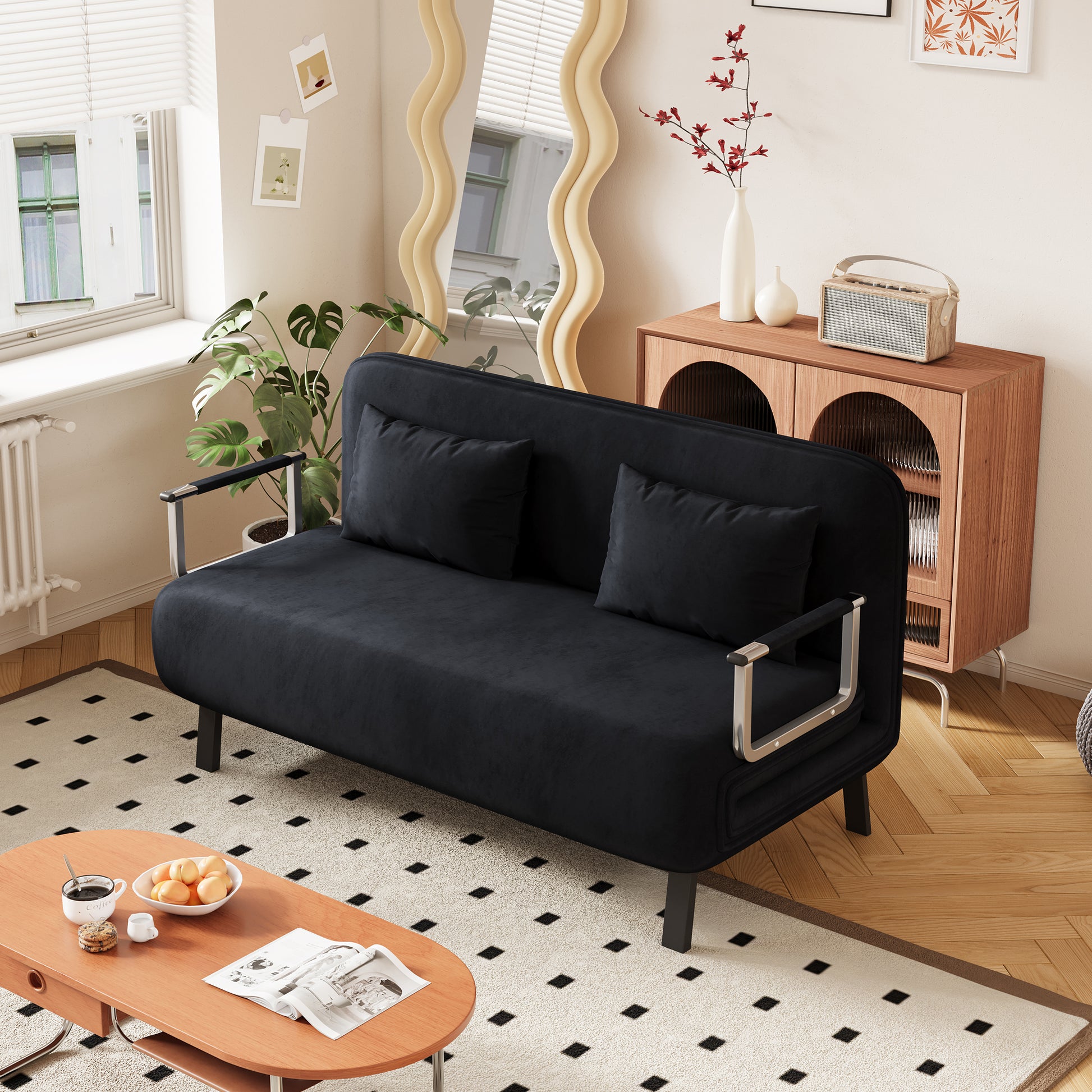 Velvet Black 55 Convertible Chair Bed, Tri Fold Sofa Bed With Adjustable Backrest & Pillow, Leisure Chaise Lounge Couch With Sturdy Steel Frame For Home & Office, Comfortable Sleeper Chair Black Velvet Metal Primary Living Space Medium Firm Contemporary