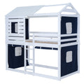 Twin Size Bunk Wood House Bed With Tent, Blue White Twin Blue Solid Wood Mdf