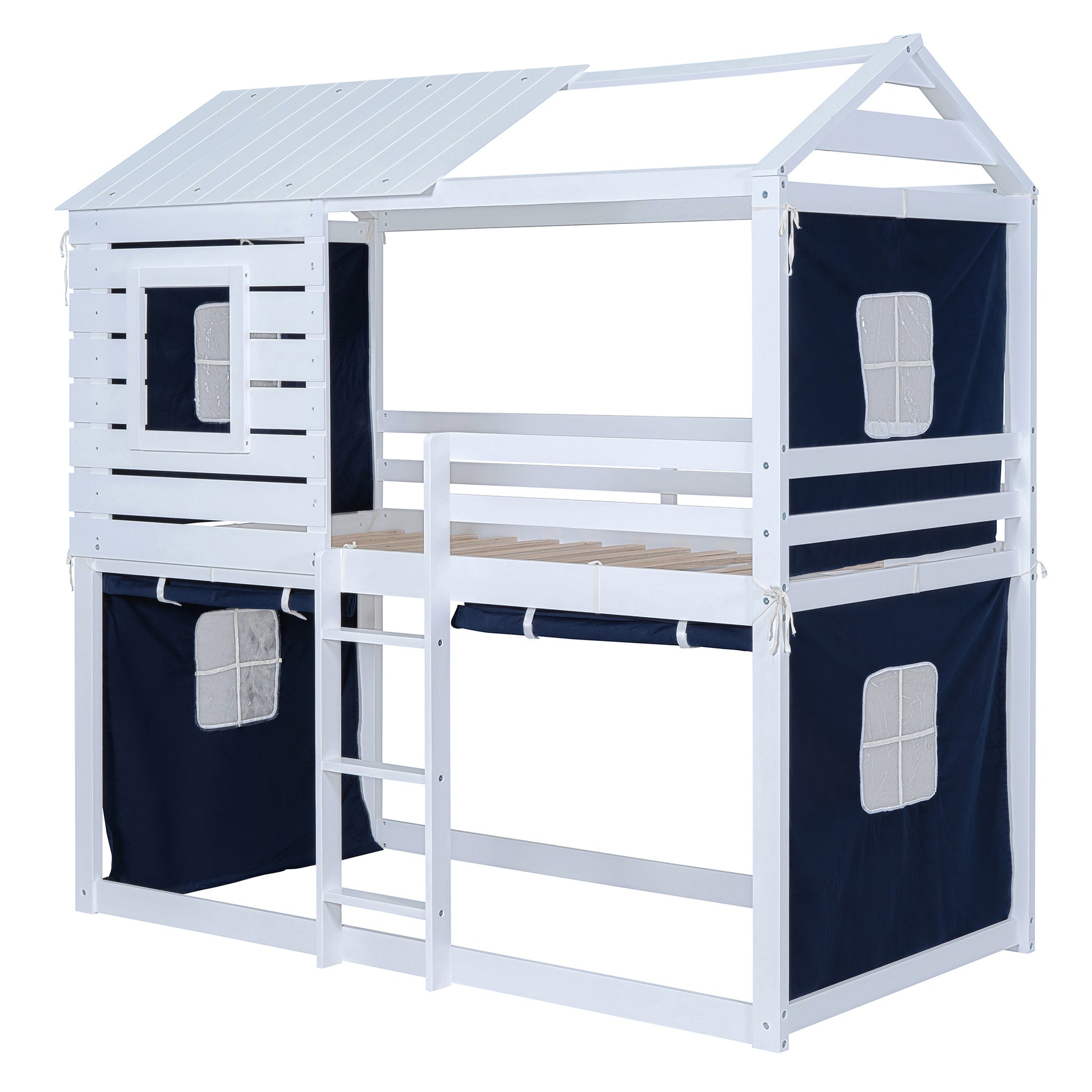 Twin Size Bunk Wood House Bed With Tent, Blue White Twin Blue Solid Wood Mdf