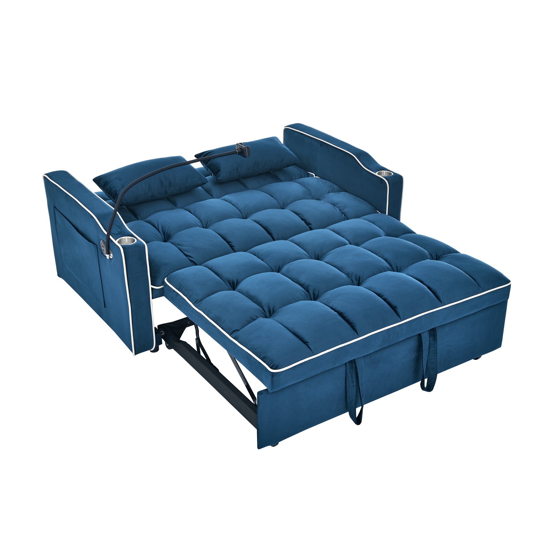 55.51 Inch Versatile Foldable Sofa Bed In 3 Lengths, Modern Sofa Sofa Sofa Velvet Pull Out Bed, Adjustable Back And With Usb Port And Ashtray And Swivel Phone Stand Blue Full Blue Primary Living Space American Design,American Traditional,Traditional