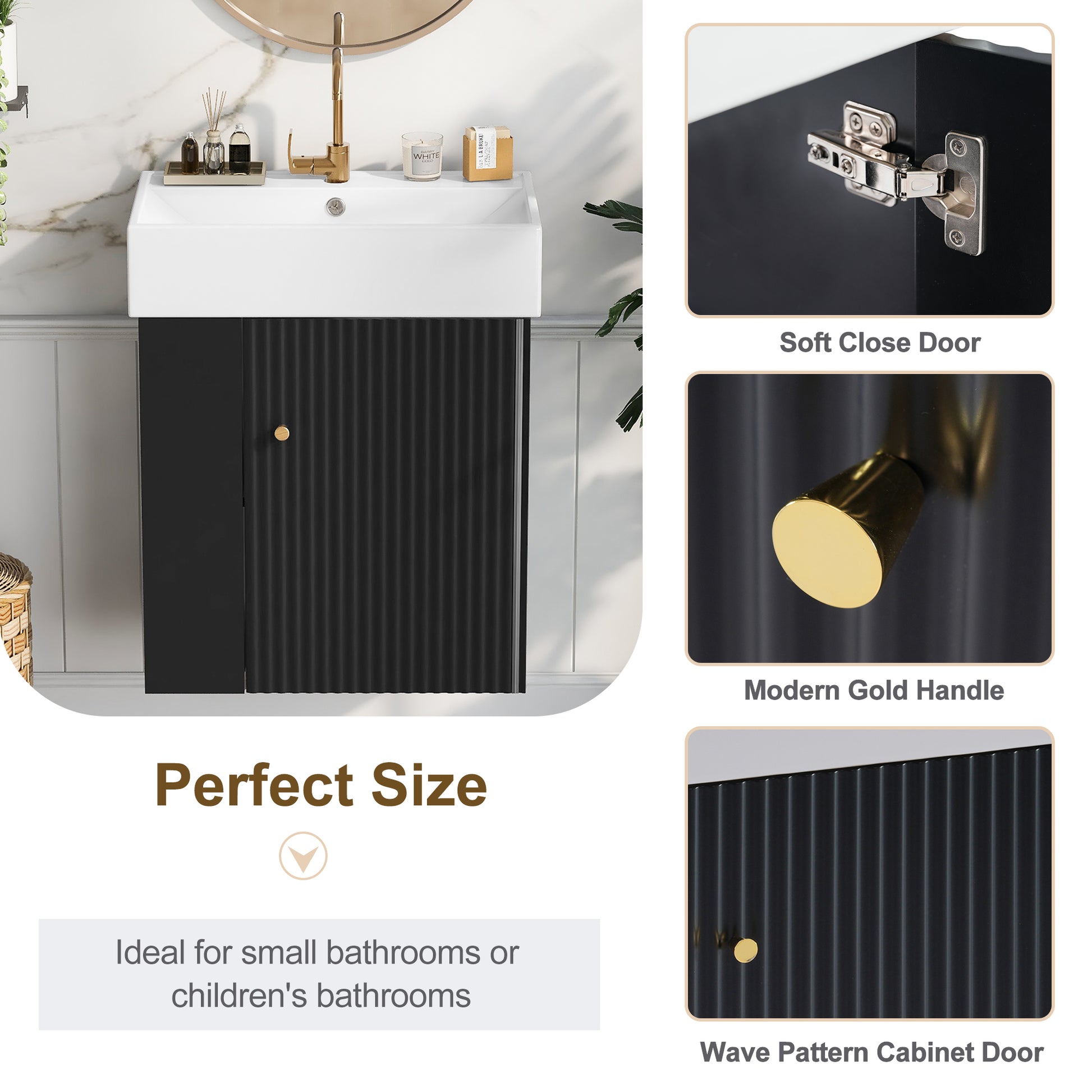 Video 21.6 Inch Modern Floating Bathroom Vanity With Ceramic Basin Perfect For Small Bathrooms, Left Side Storage Black Bathroom Ceramic Mdf