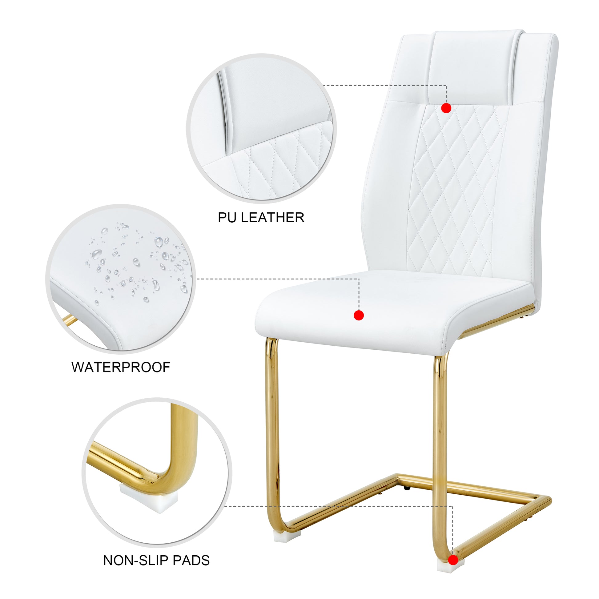 Table And Chair Set, The Table Is Equipped With A Marble Patterned Mdf Tabletop And Gold Table Legs.Dining Chairs,Gold Legged Upholstered Chairs Made Of Artificial Leather. Gold White Seats 6 Mdf